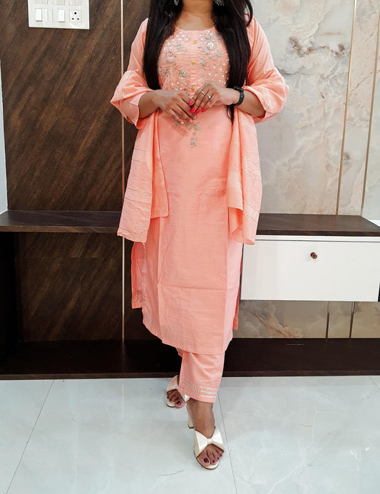 Thread Embroidery Peach Silk Suit