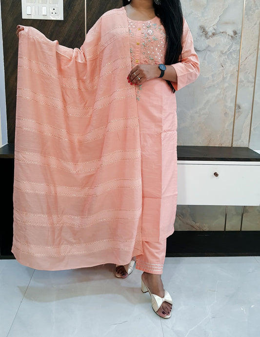 Thread Embroidery Peach Silk Suit