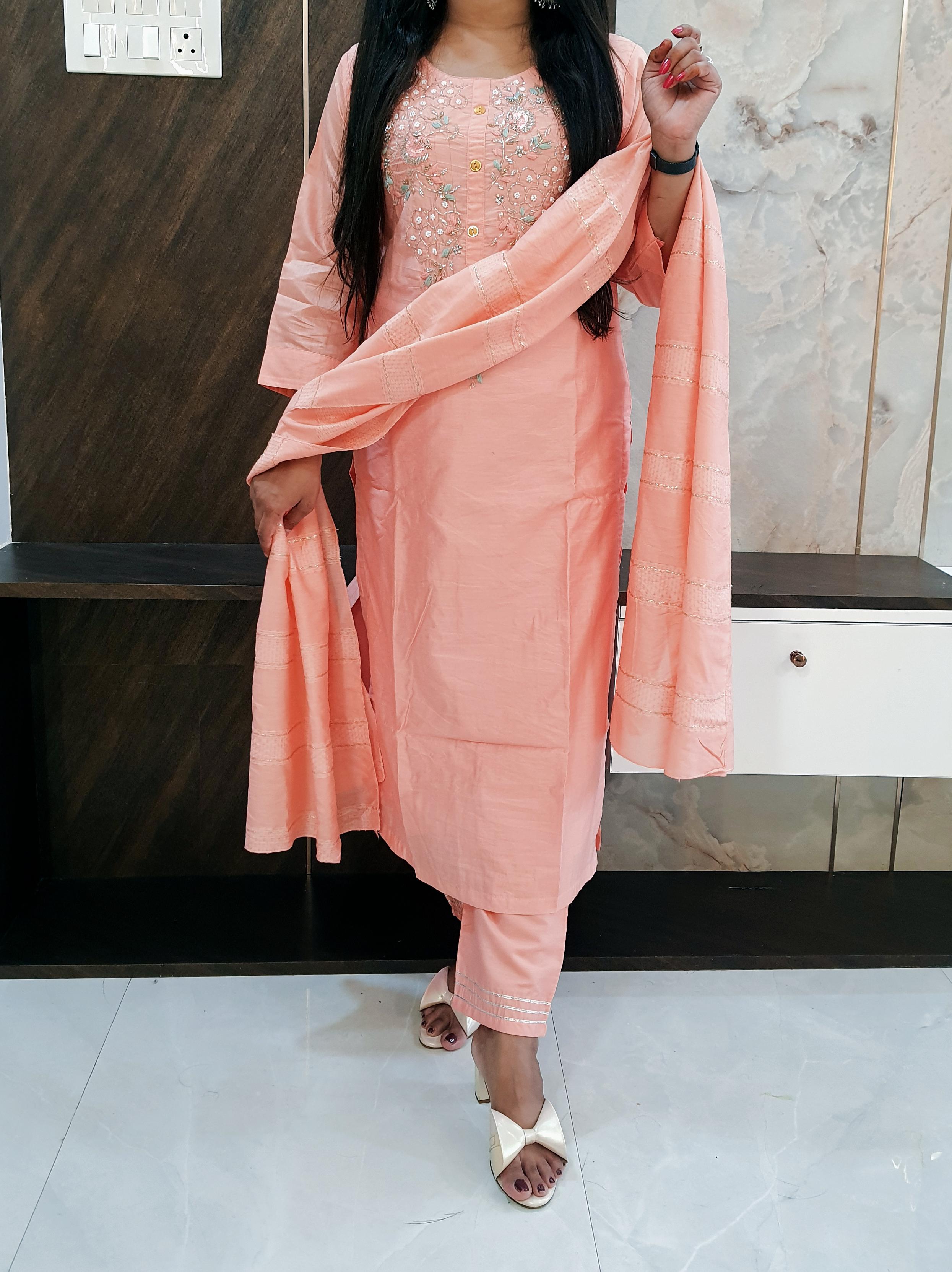 Thread Embroidery Peach Silk Suit