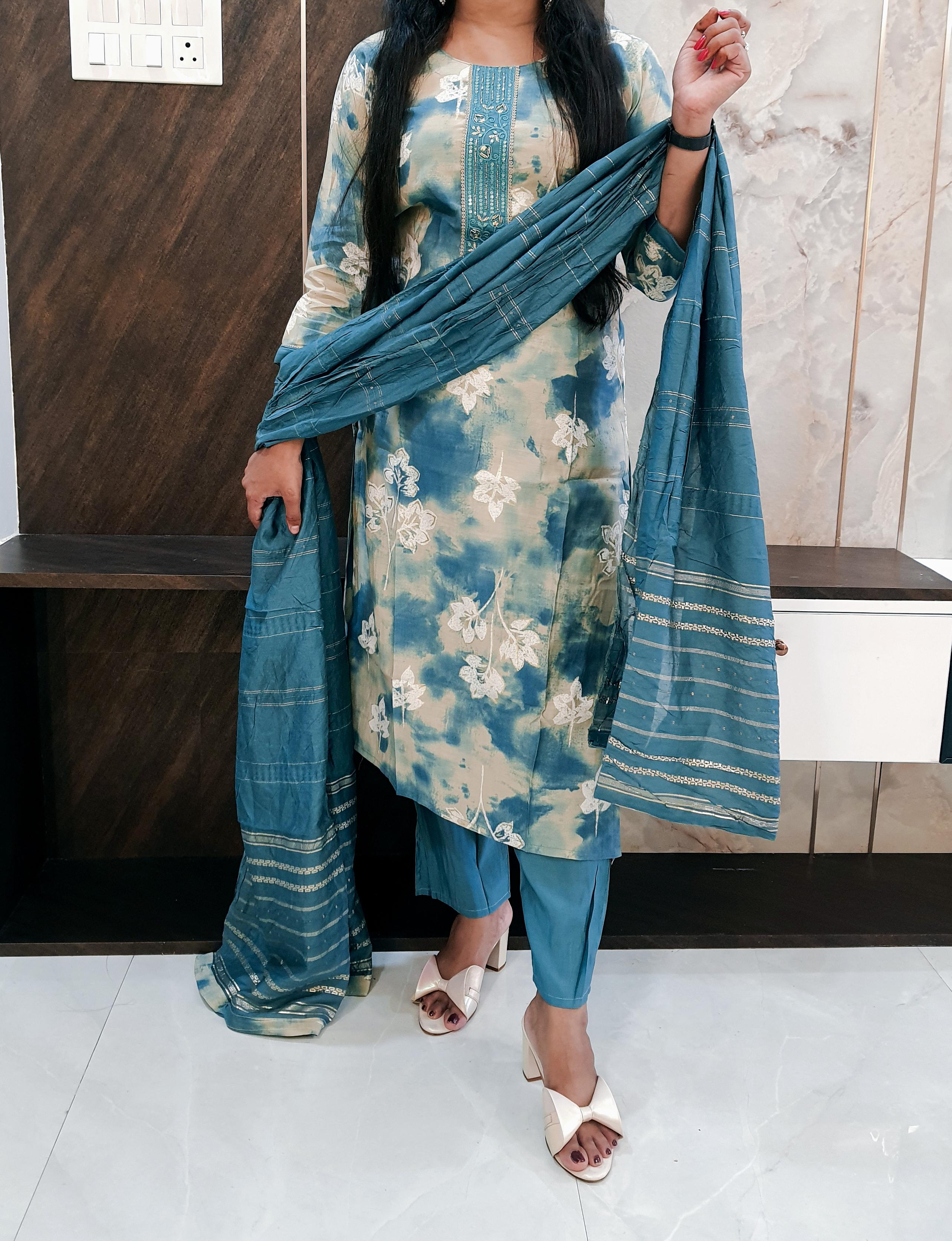 Blue Printed Budget Muslin Silk Suit