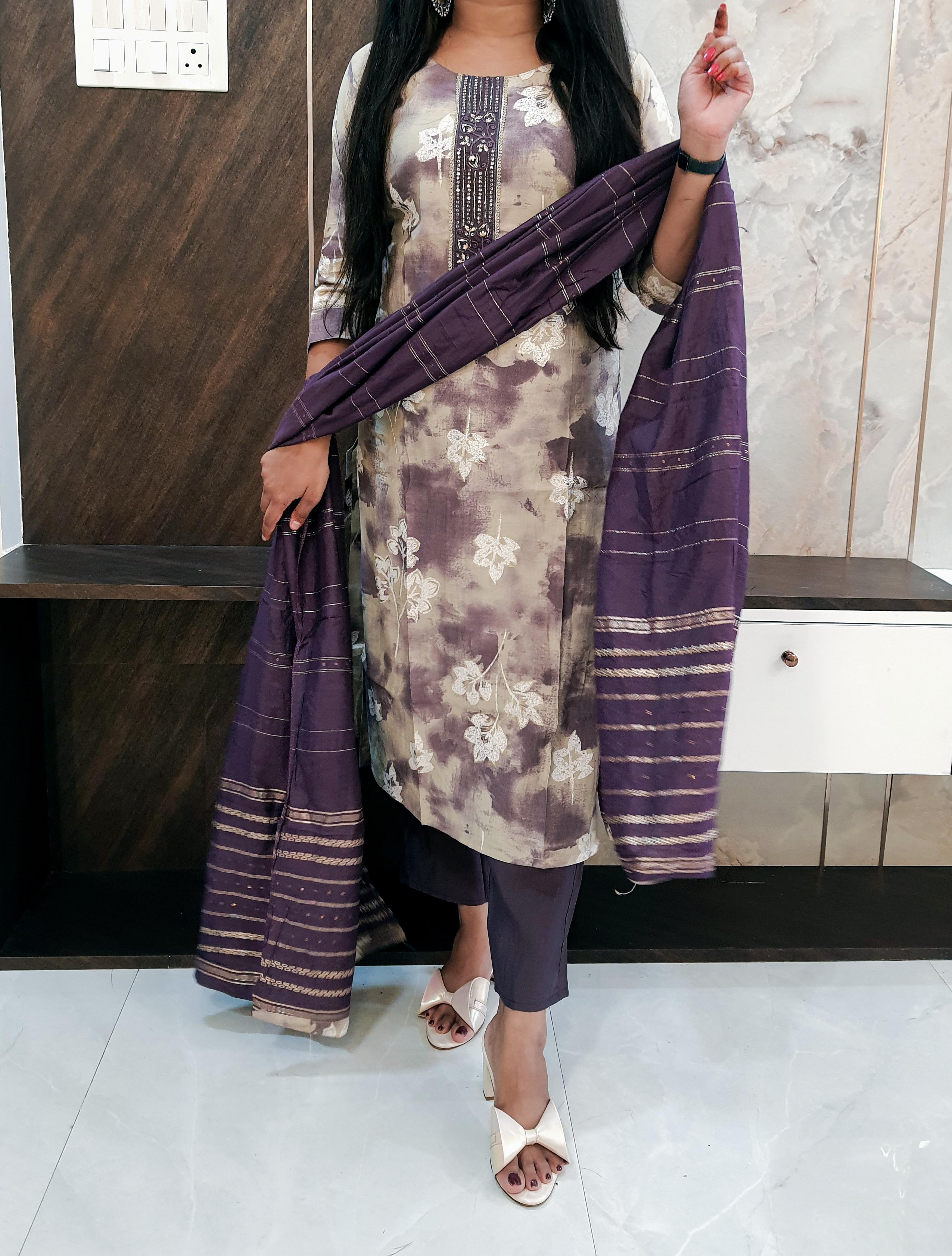 Printed Purple Budget Muslin Silk Suit