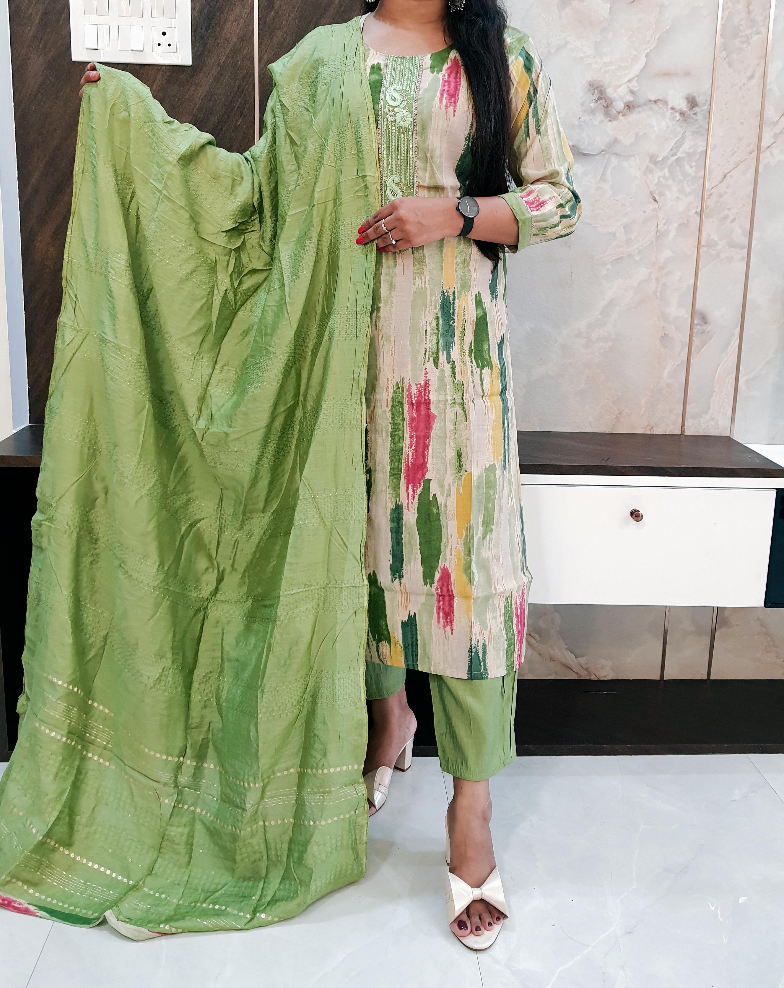 Green Printed Budget Muslin Silk Suit