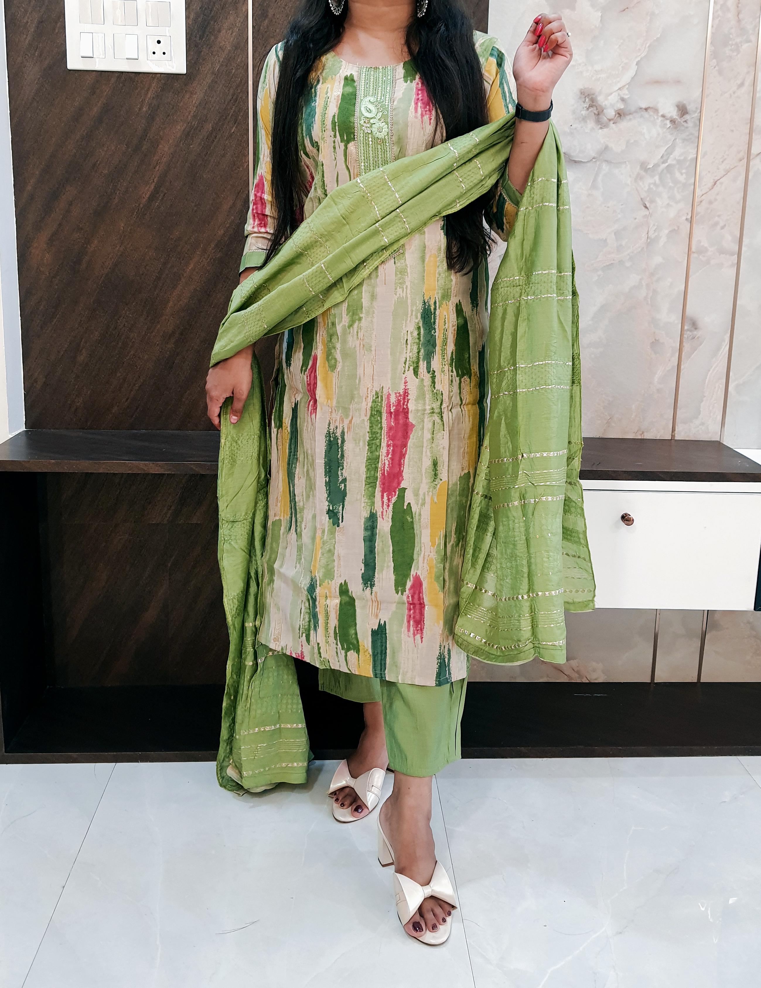 Green Printed Budget Muslin Silk Suit