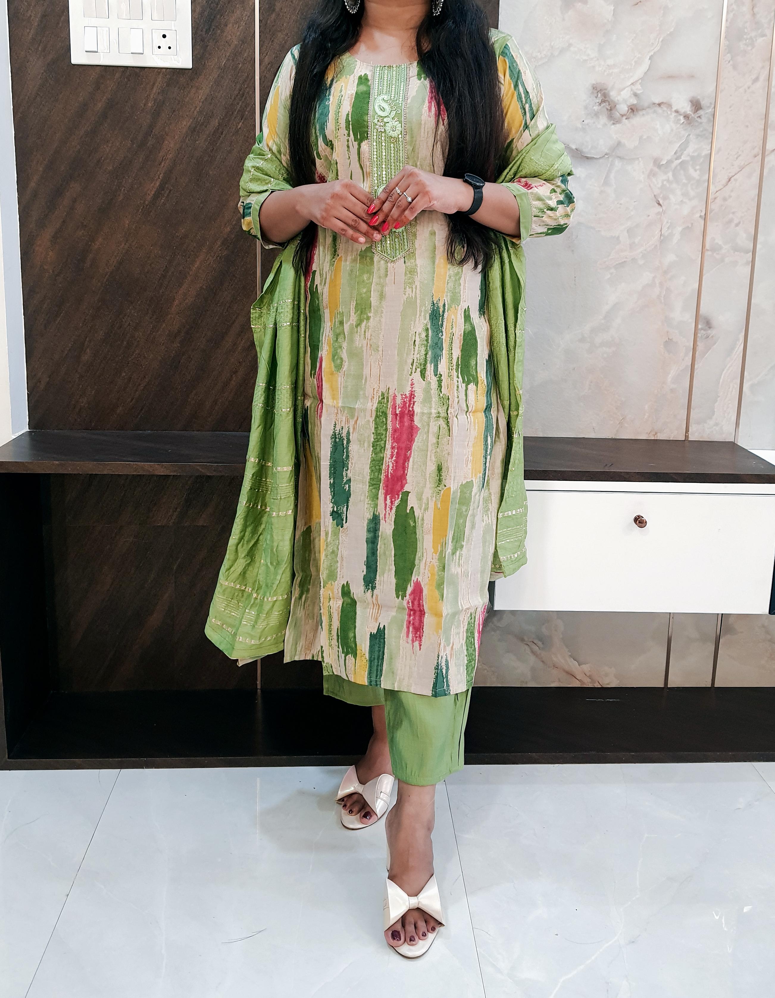 Green Printed Budget Muslin Silk Suit