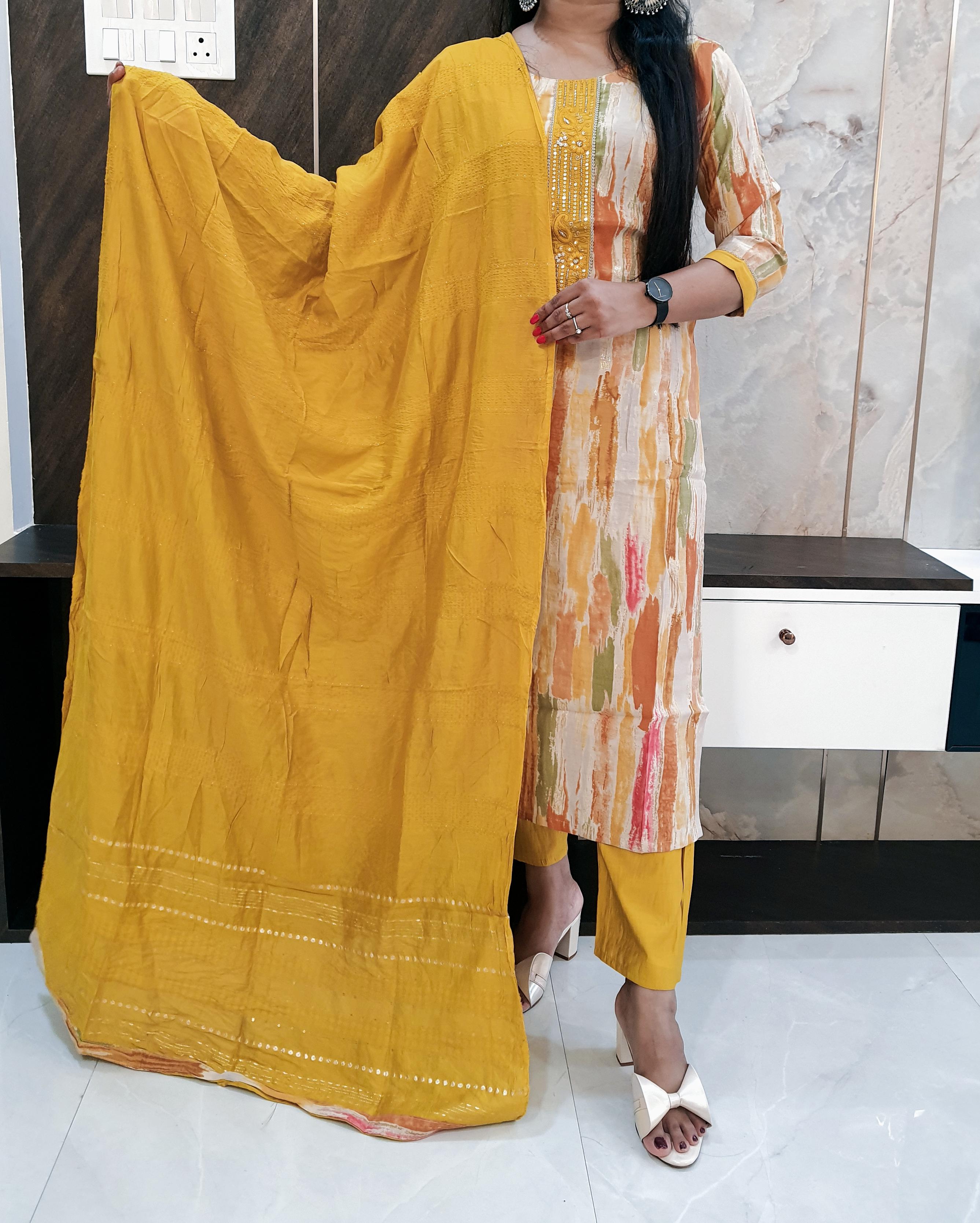 Mustard Printed Budget Muslin Silk Suit