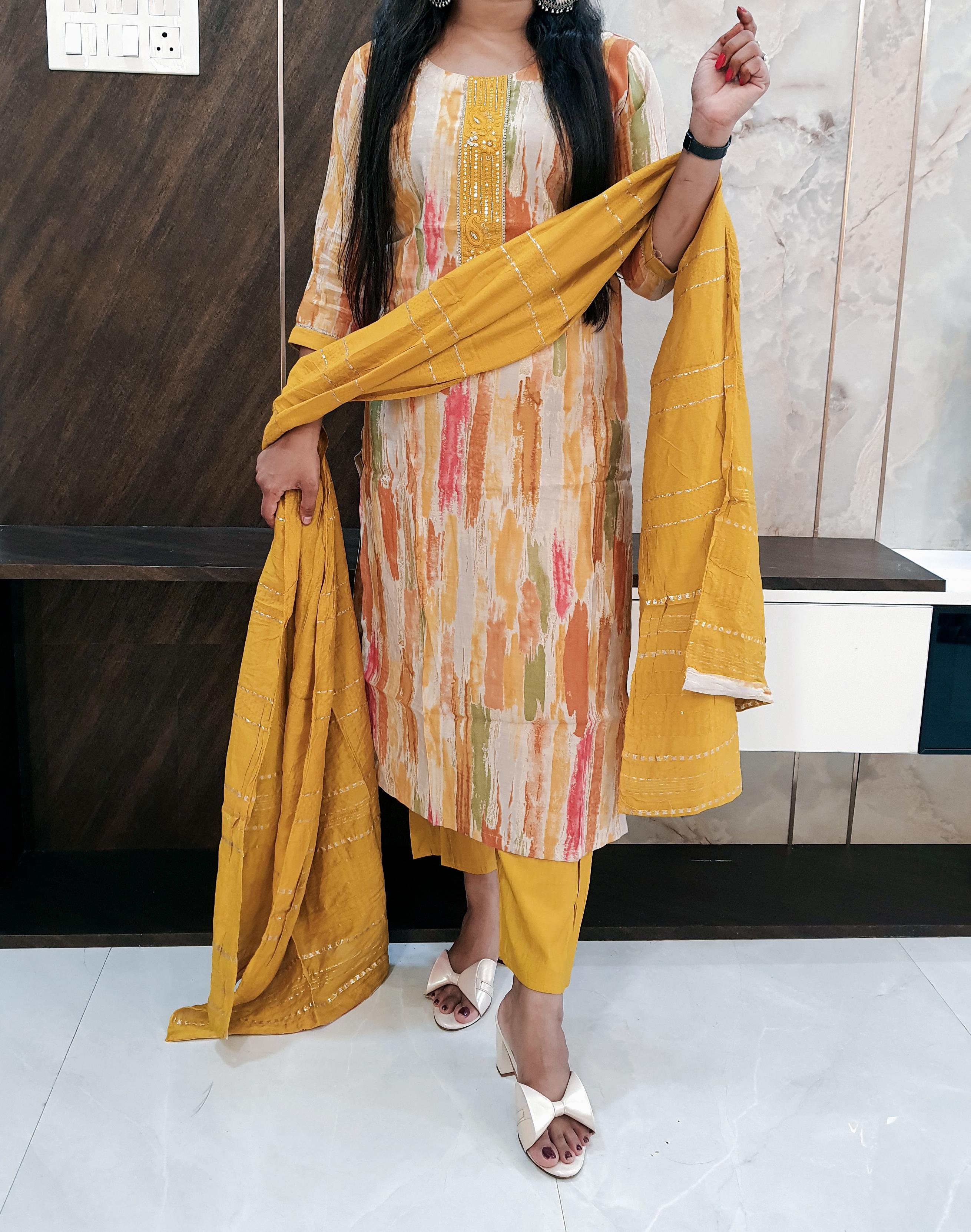 Mustard Printed Budget Muslin Silk Suit