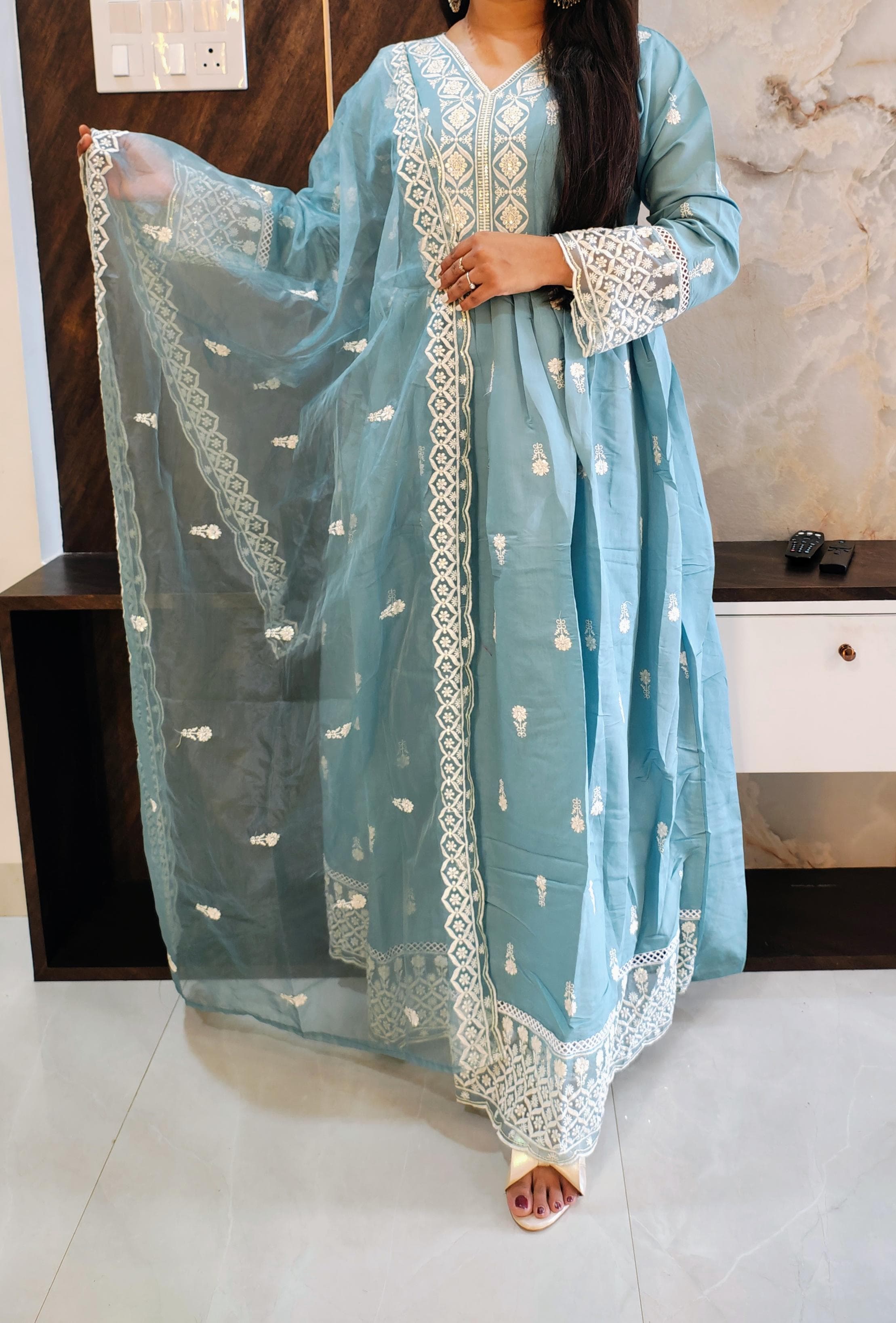 Sky Blue Muslin Silk Anarkali Suit