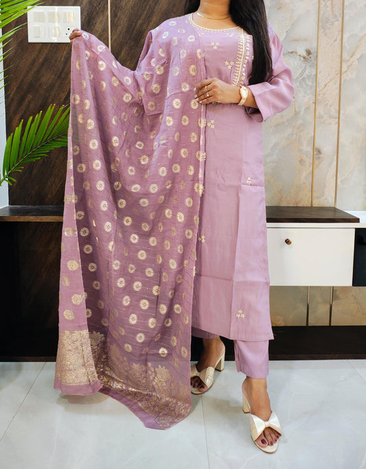 Purple Muslin Silk Suit