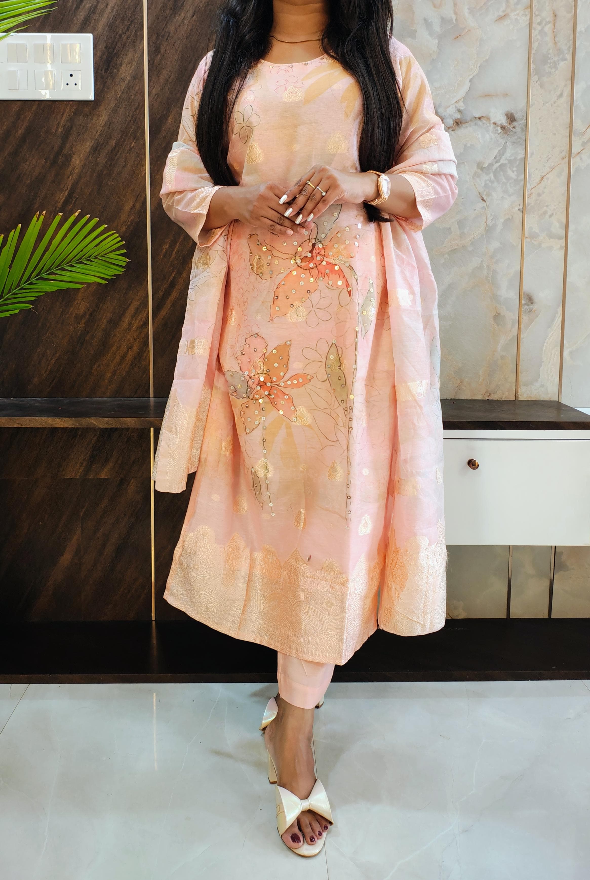 Peach Floral Digital Chanderi Suit