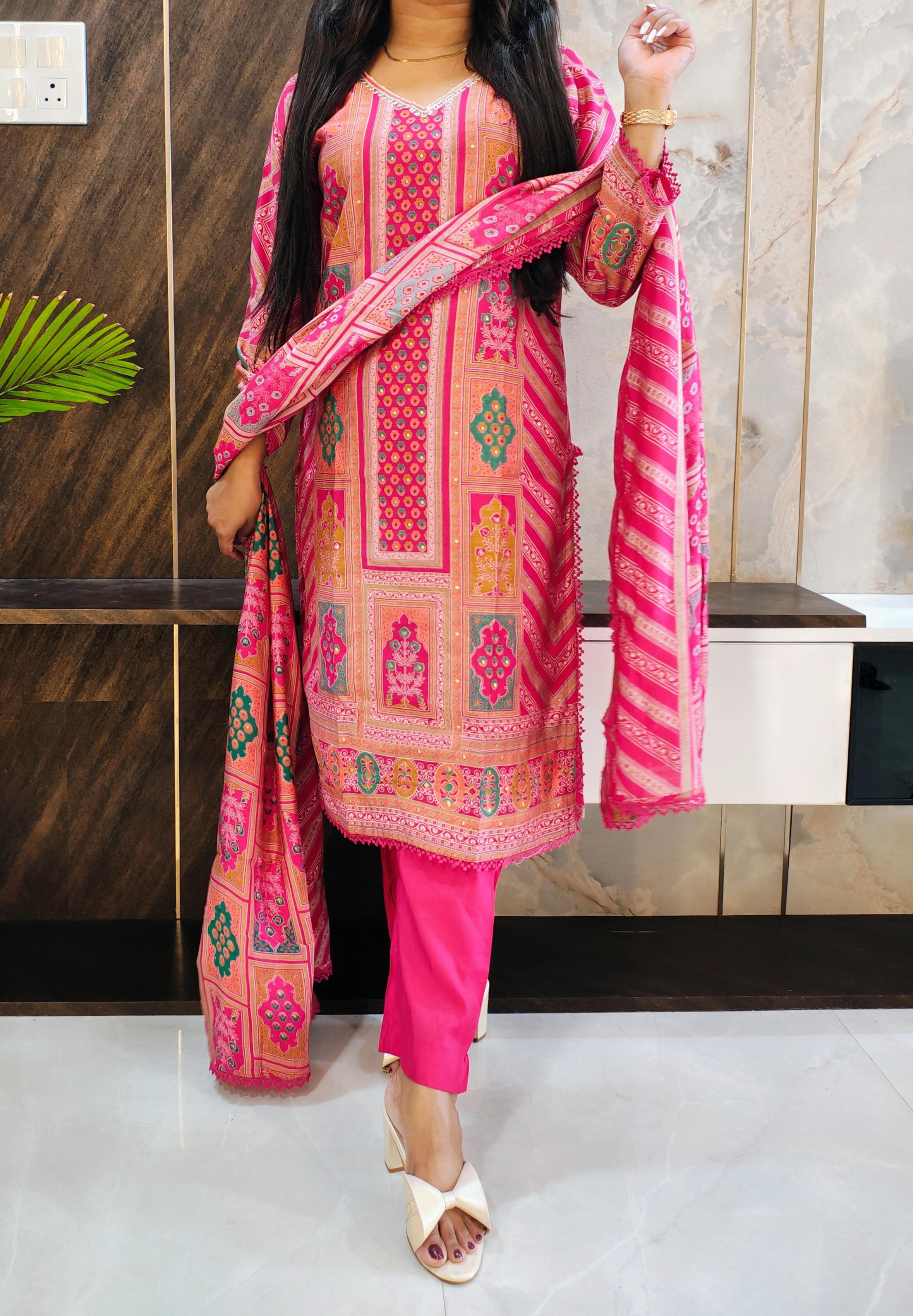 Pink Digital Print Muslin Suit