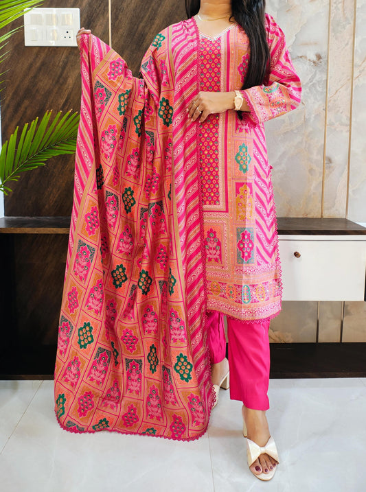 Pink Digital Print Muslin Suit