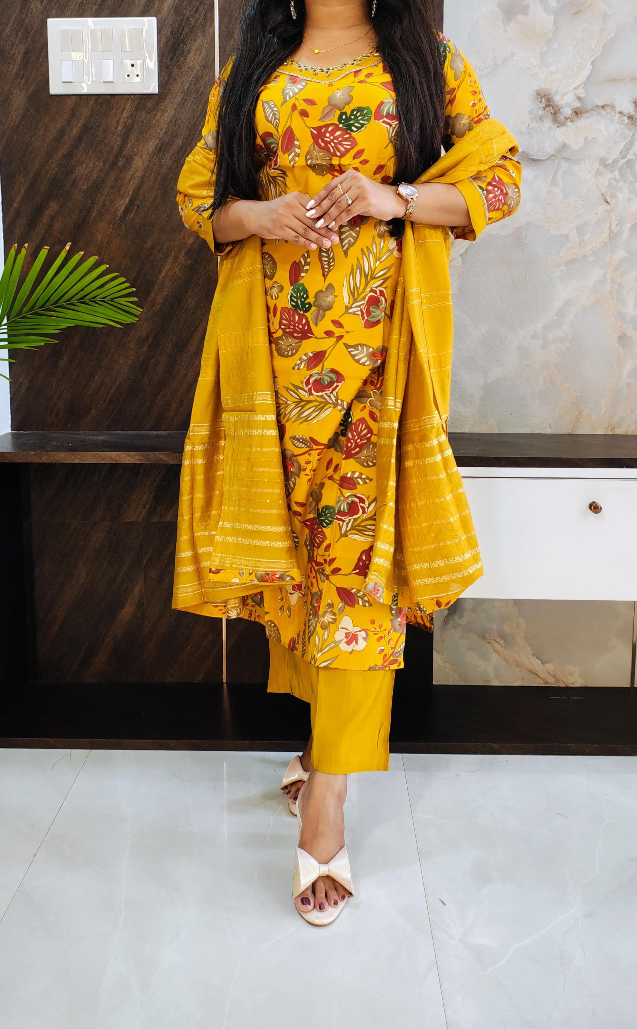 Mustard Printed Budget Muslin Silk Suit