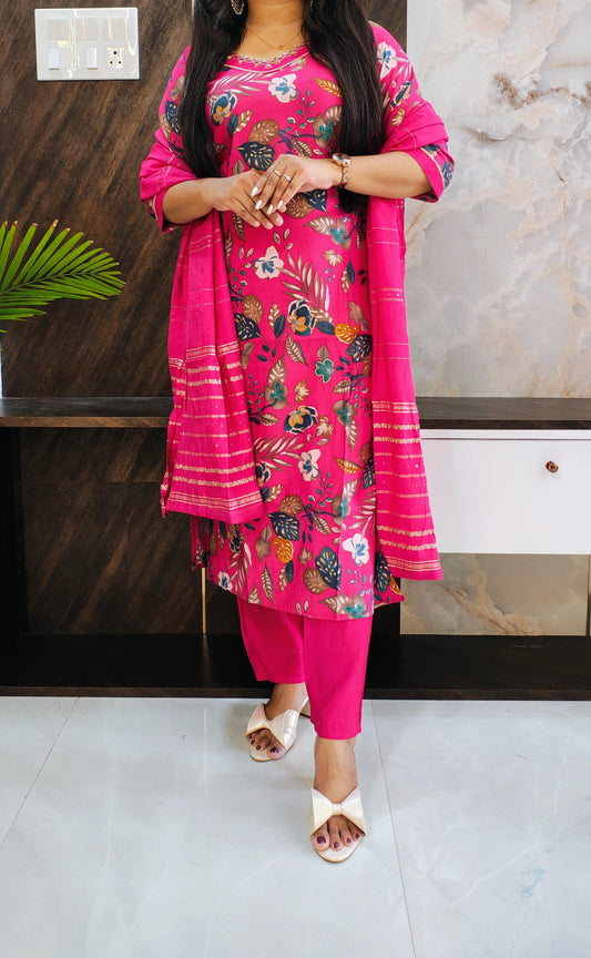 Printed Pink Budget Muslin Silk Suit