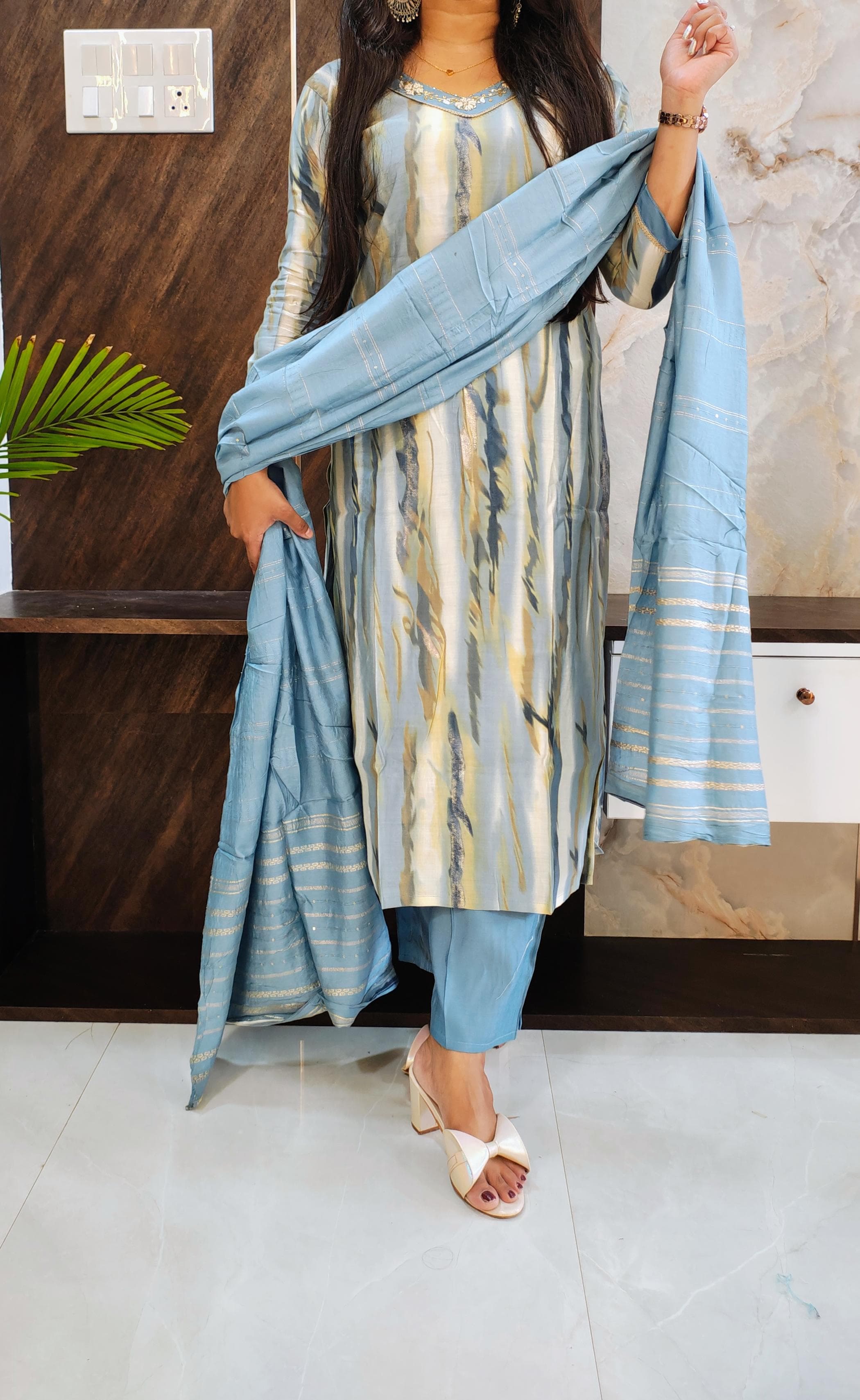 Blue Printed Budget Muslin Silk Suit