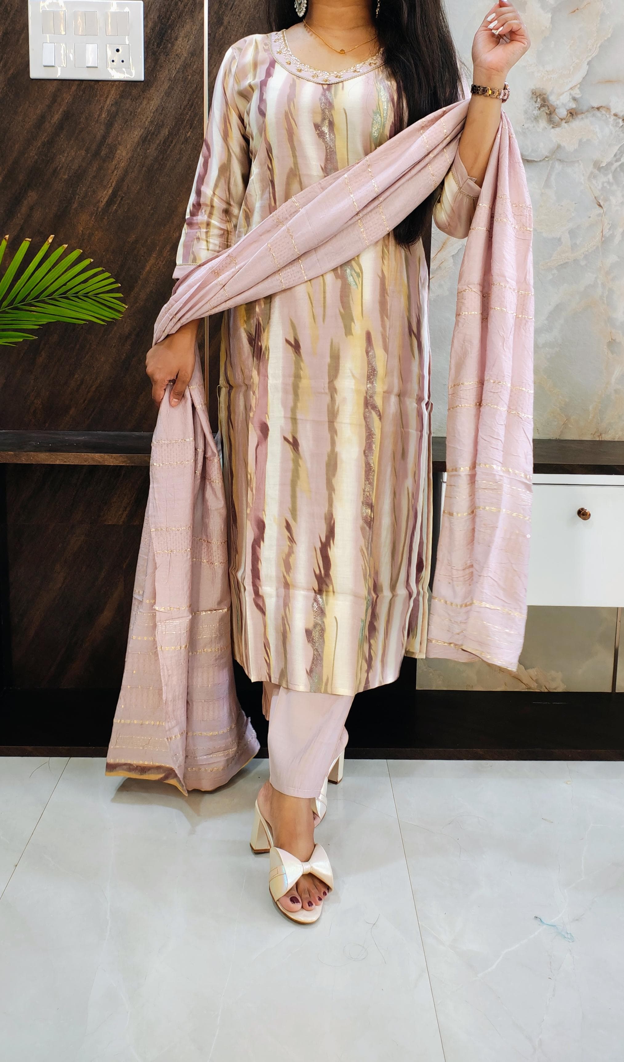 Off White Printed Budget Muslin Silk Suit