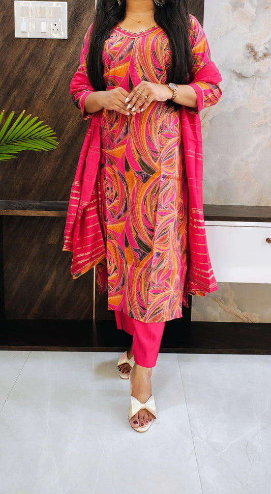 Pink Printed Budget Muslin Silk Suit