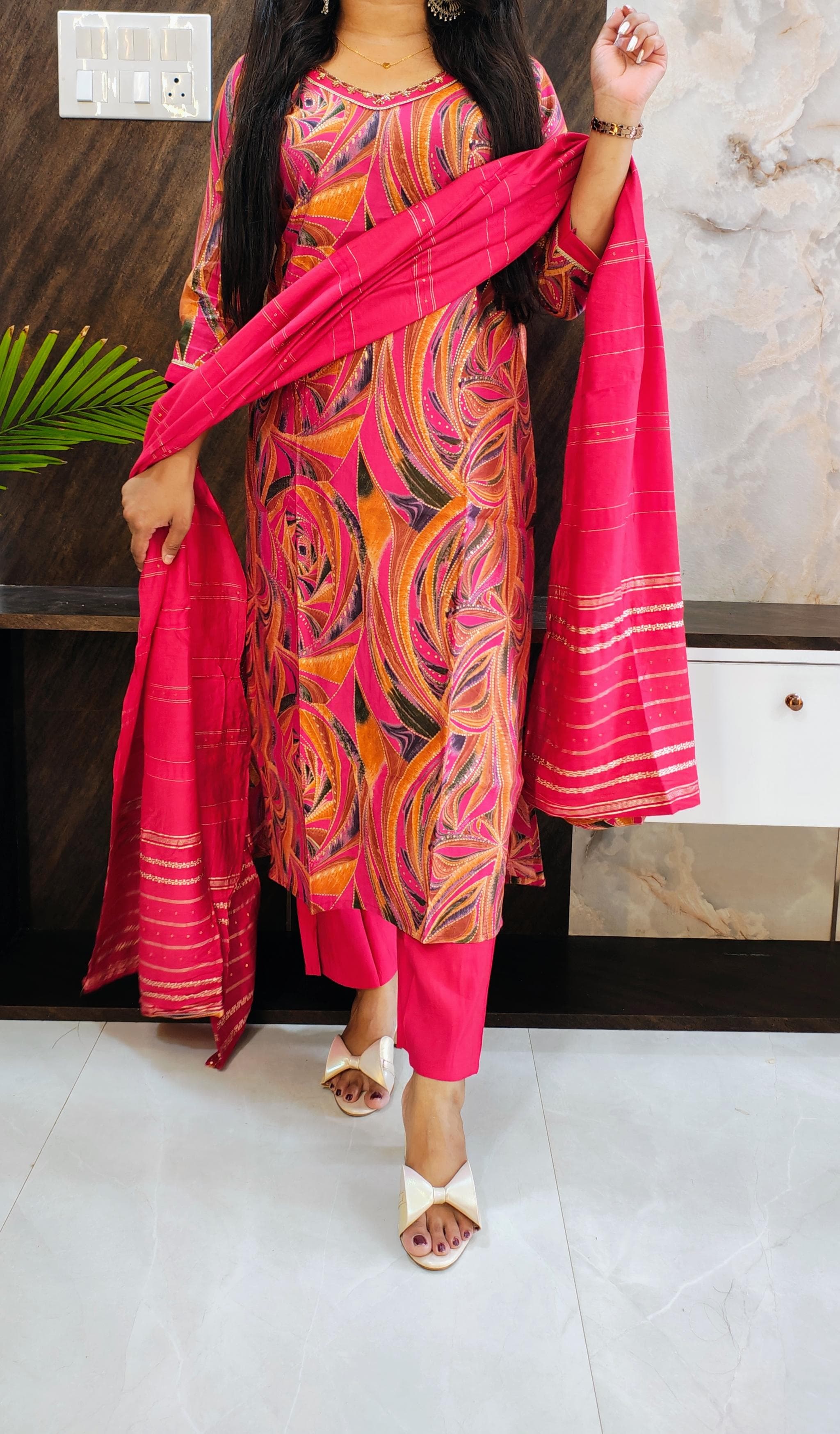 Pink Printed Budget Muslin Silk Suit