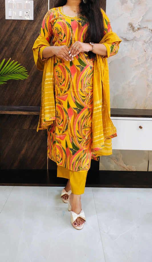 Yellow Printed Budget Muslin Silk Suit