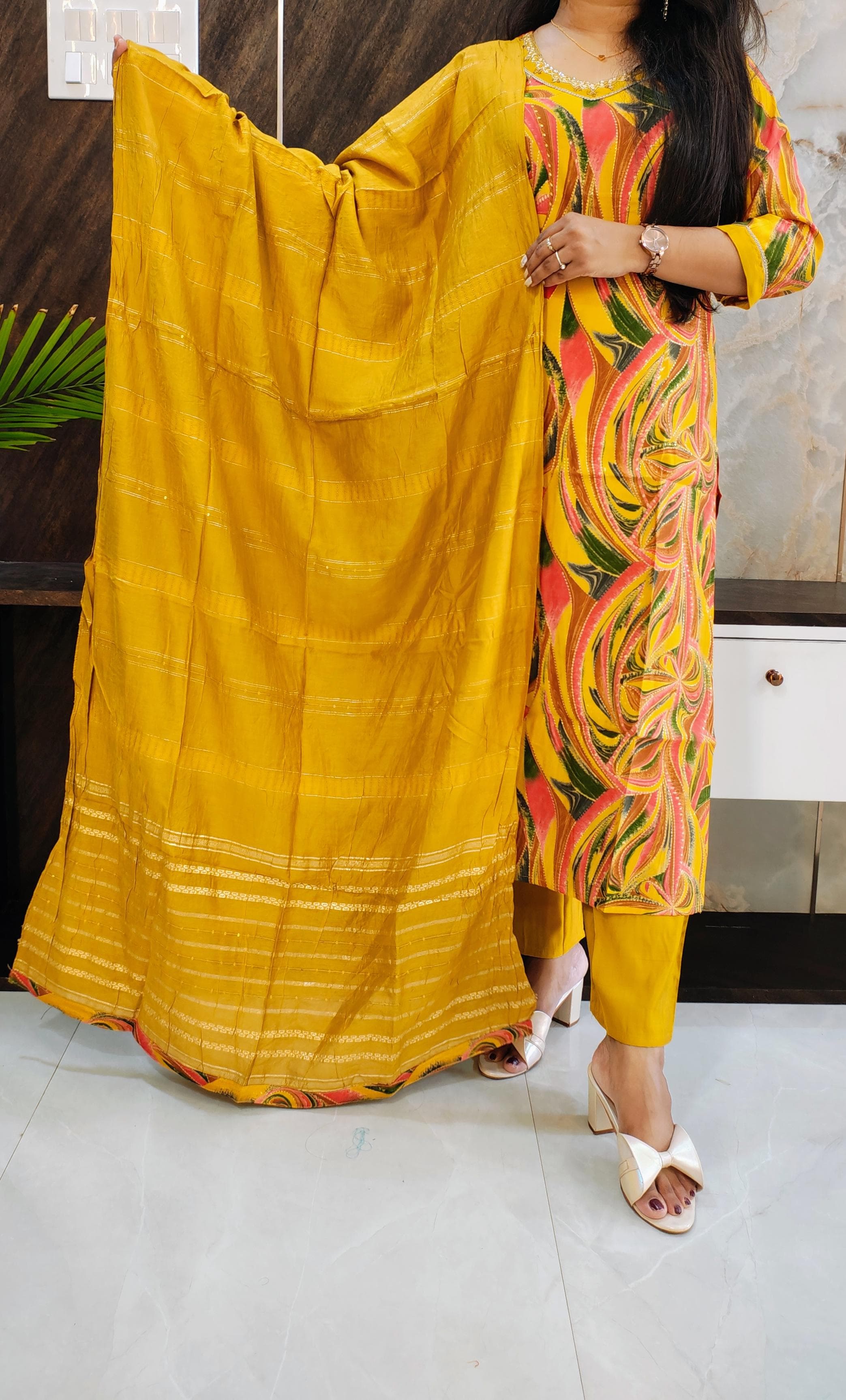 Yellow Printed Budget Muslin Silk Suit