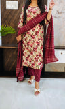 Cream Printed Budget Muslin Silk Suit