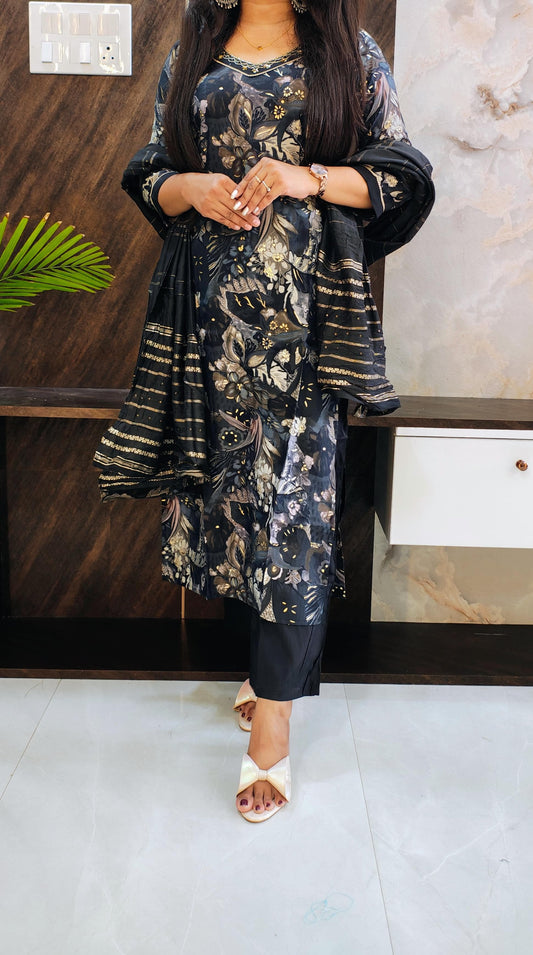 Black Printed Budget Muslin Silk Suit