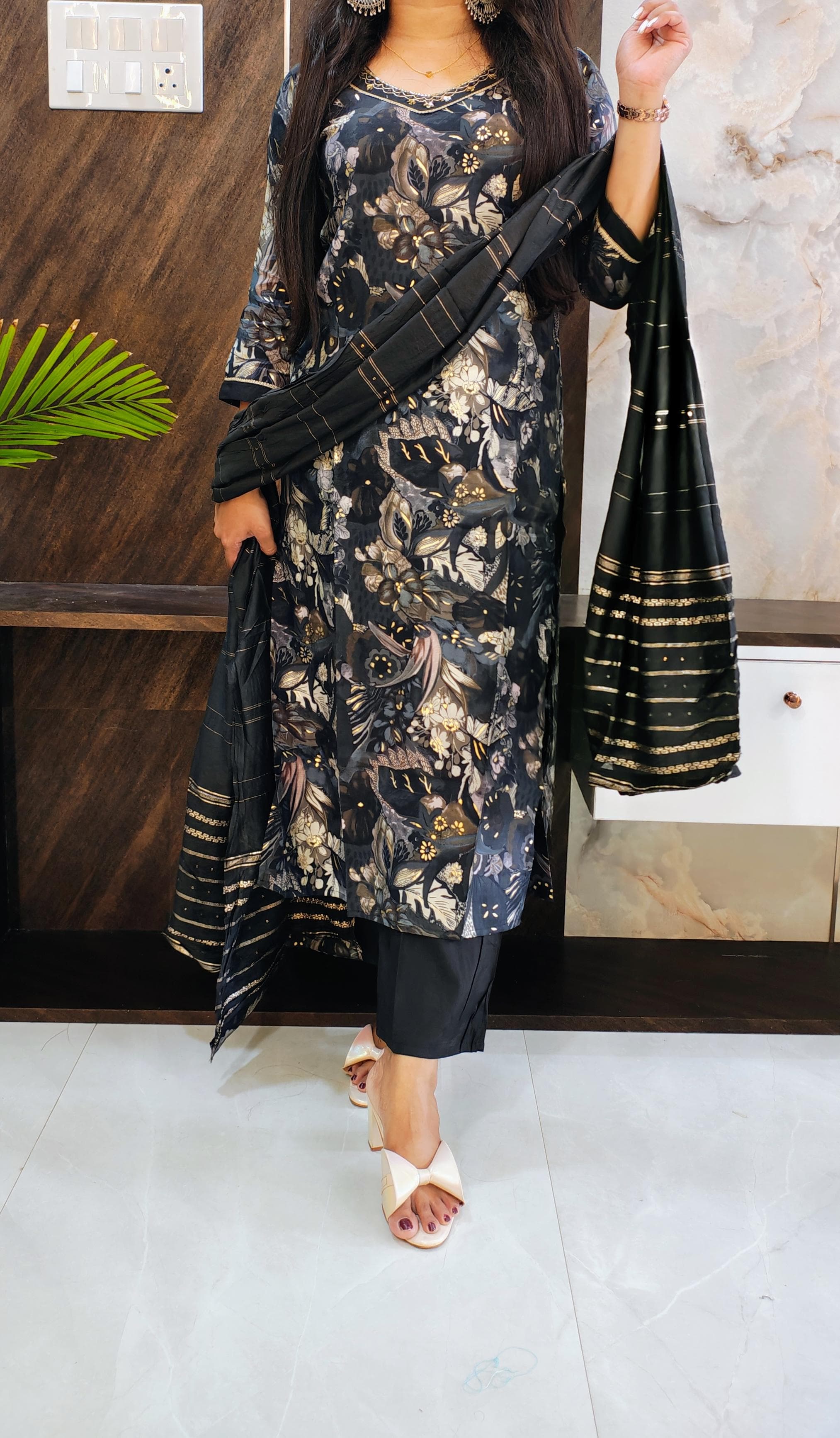 Black Printed Budget Muslin Silk Suit