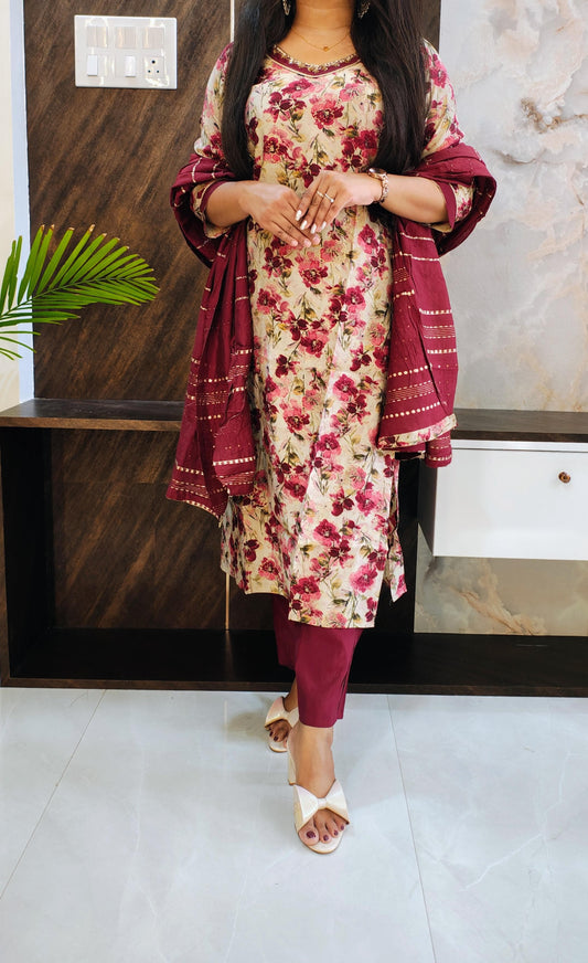 Maroon Printed Budget Muslin Silk Suit