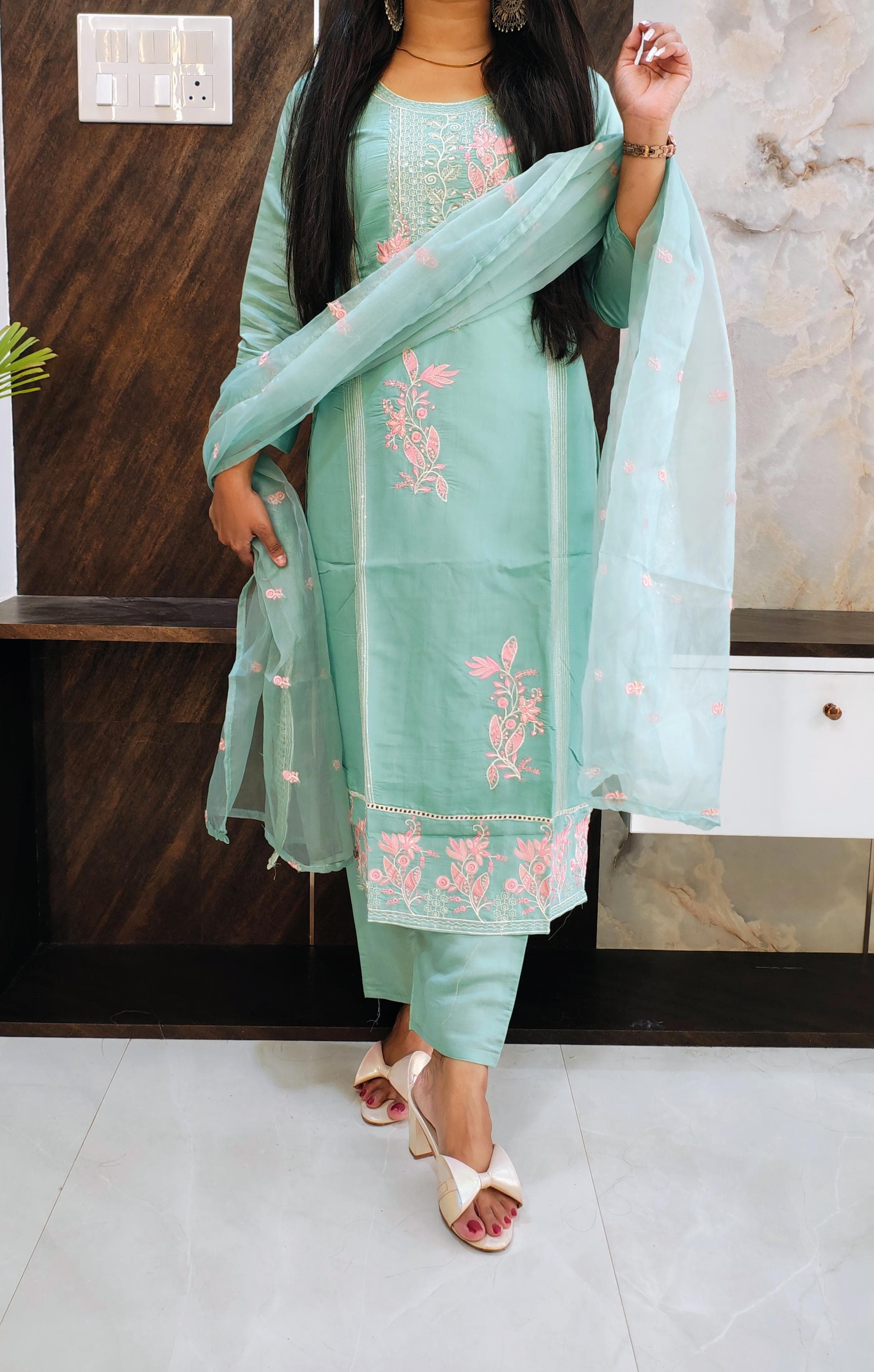 Aqua Green Roman Silk Suit