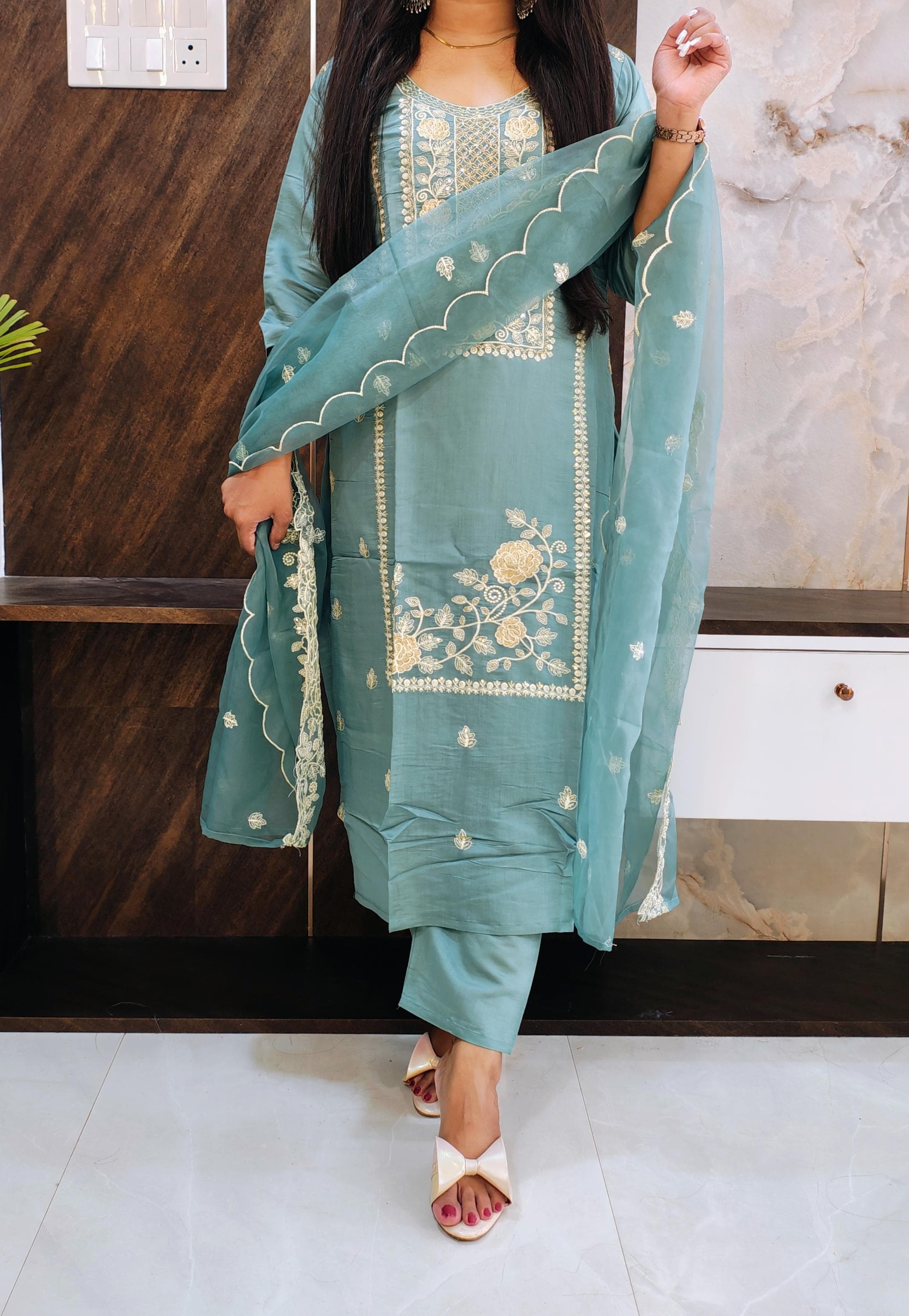 Aqua Roman Silk Suit