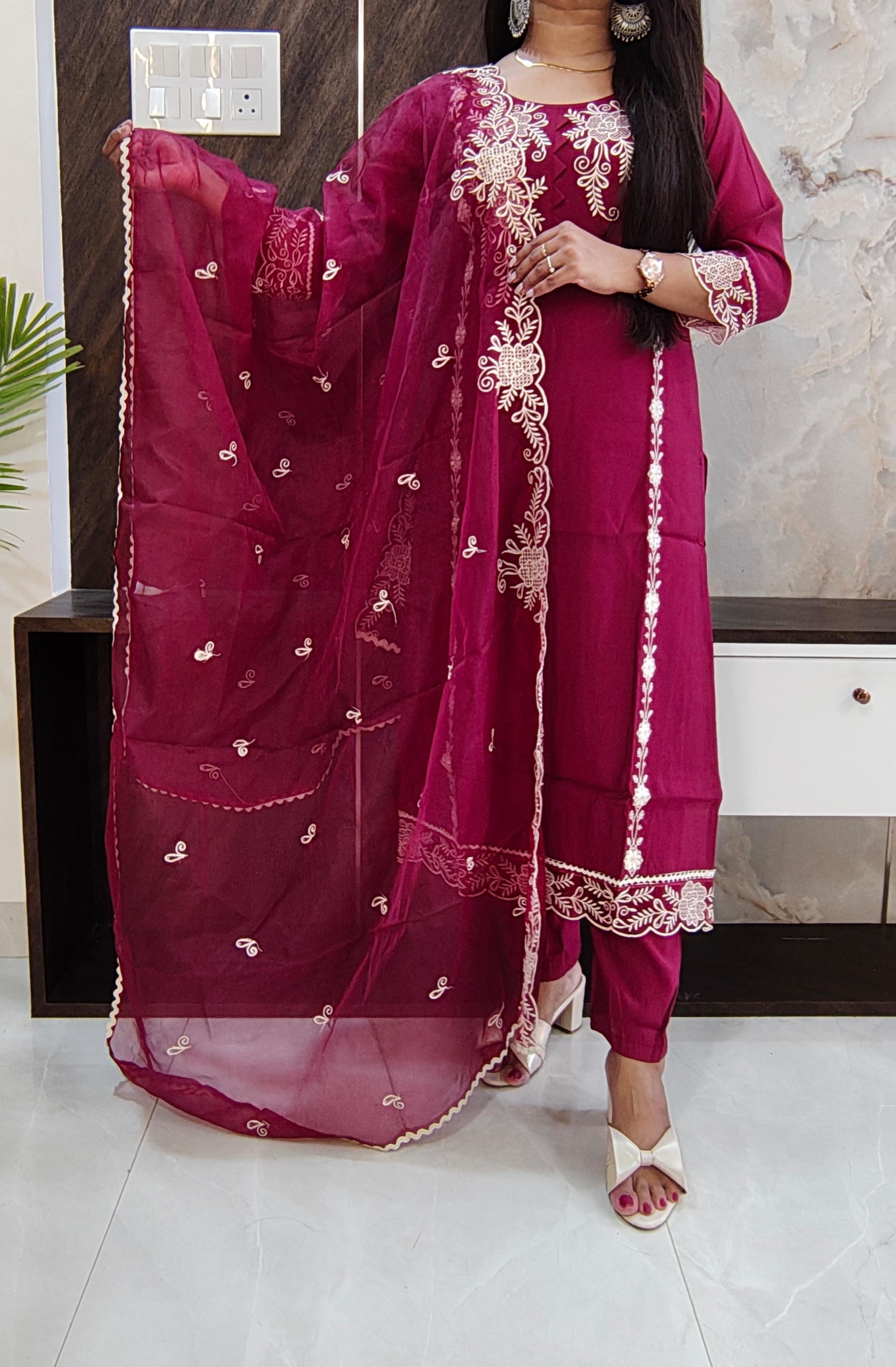 Maroon Roman Silk Suit