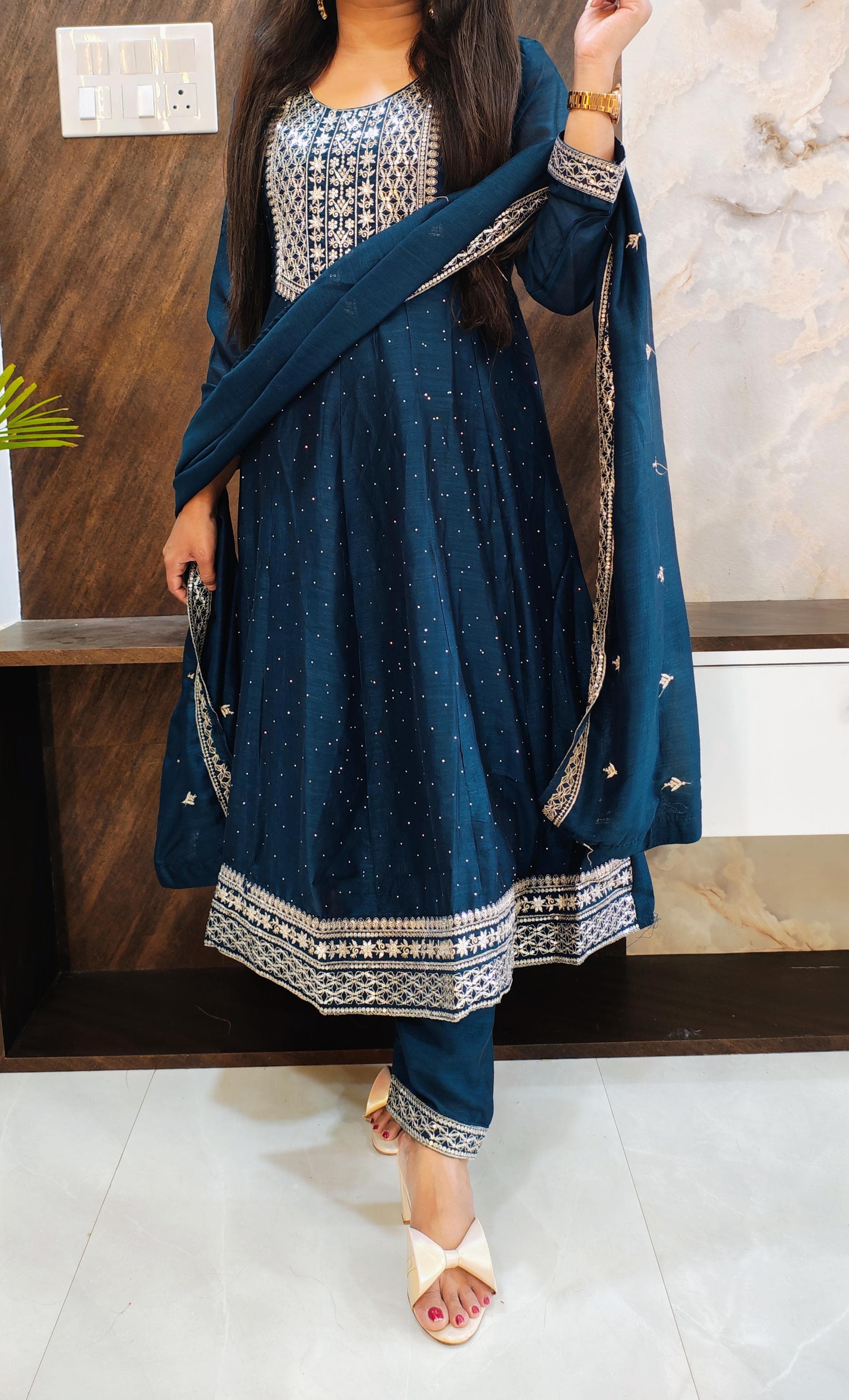 Blue Chinon Anarkali Suit