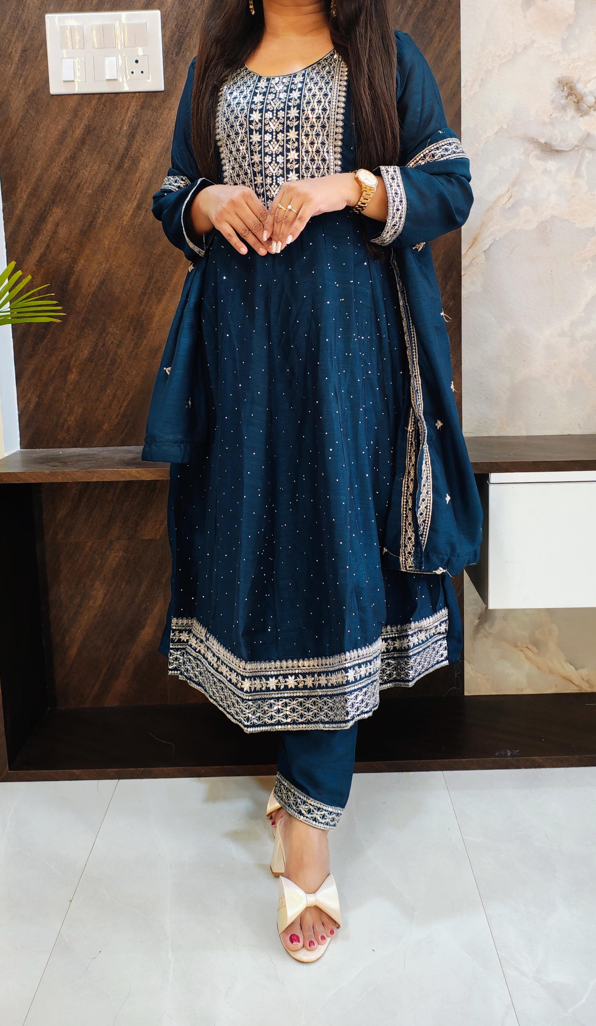 Blue Chinon Anarkali Suit