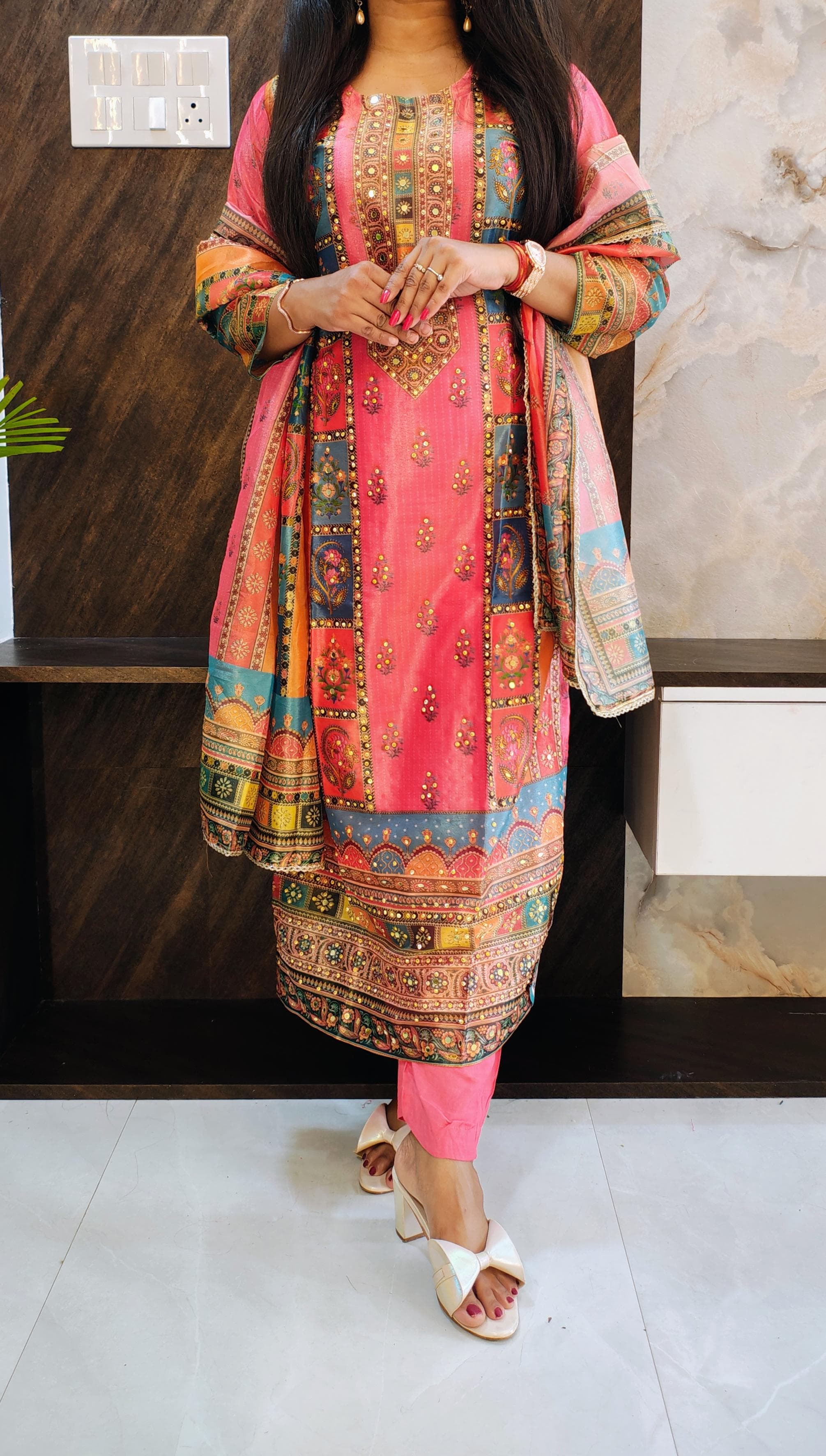 Karachi style multicolour suit (peach base)