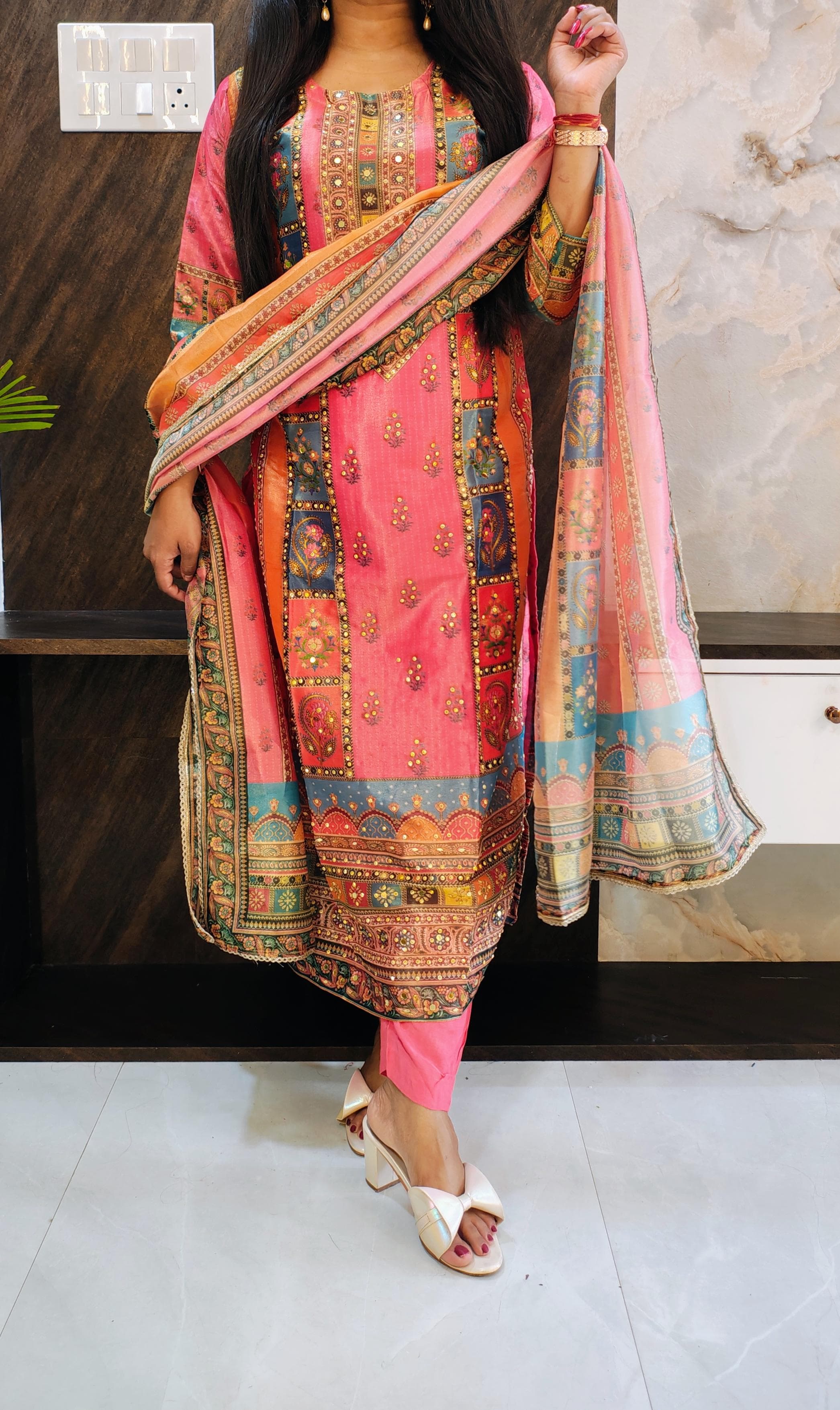 Karachi style multicolour suit (peach base)