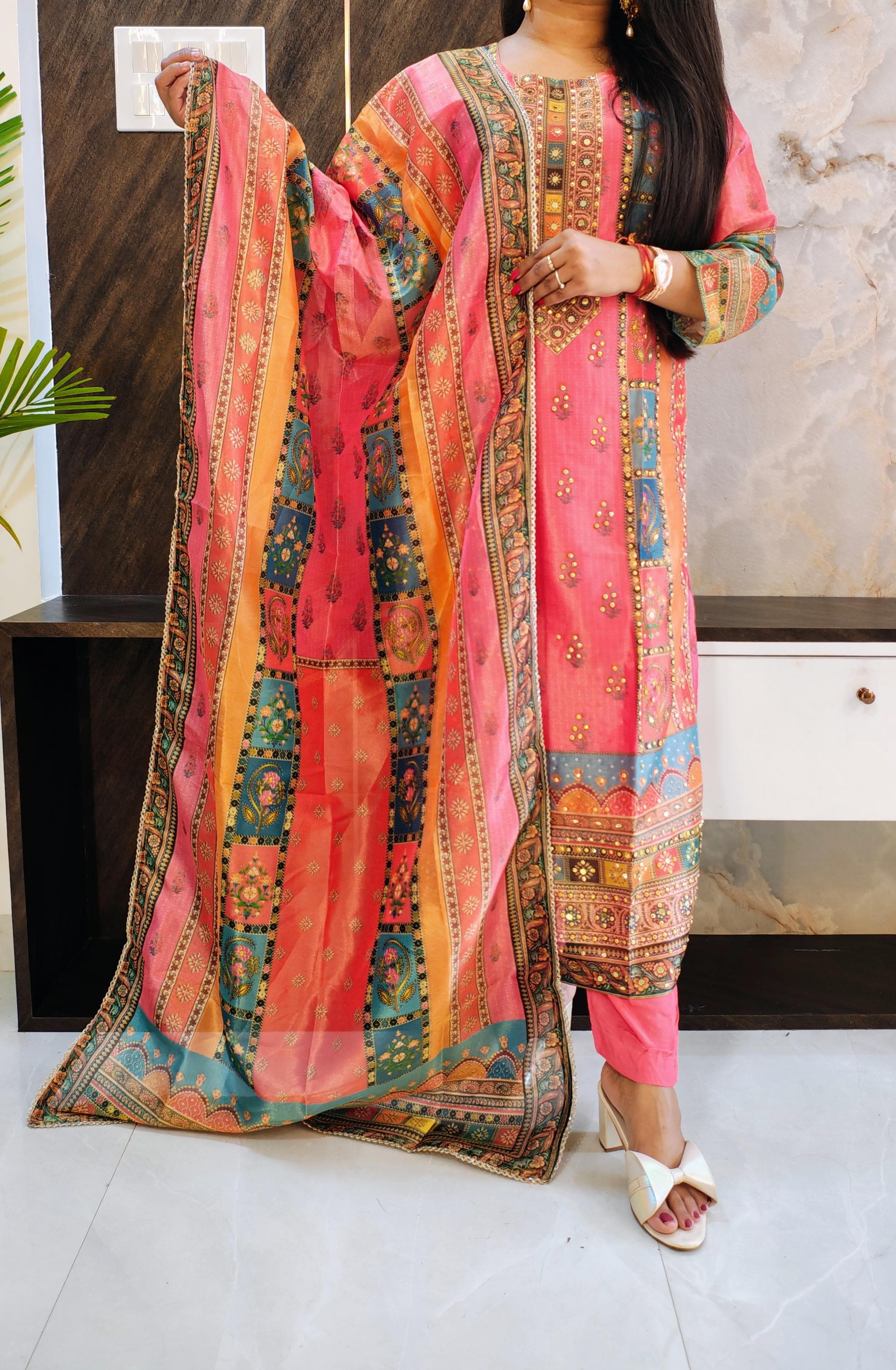 Karachi style multicolour suit (peach base)