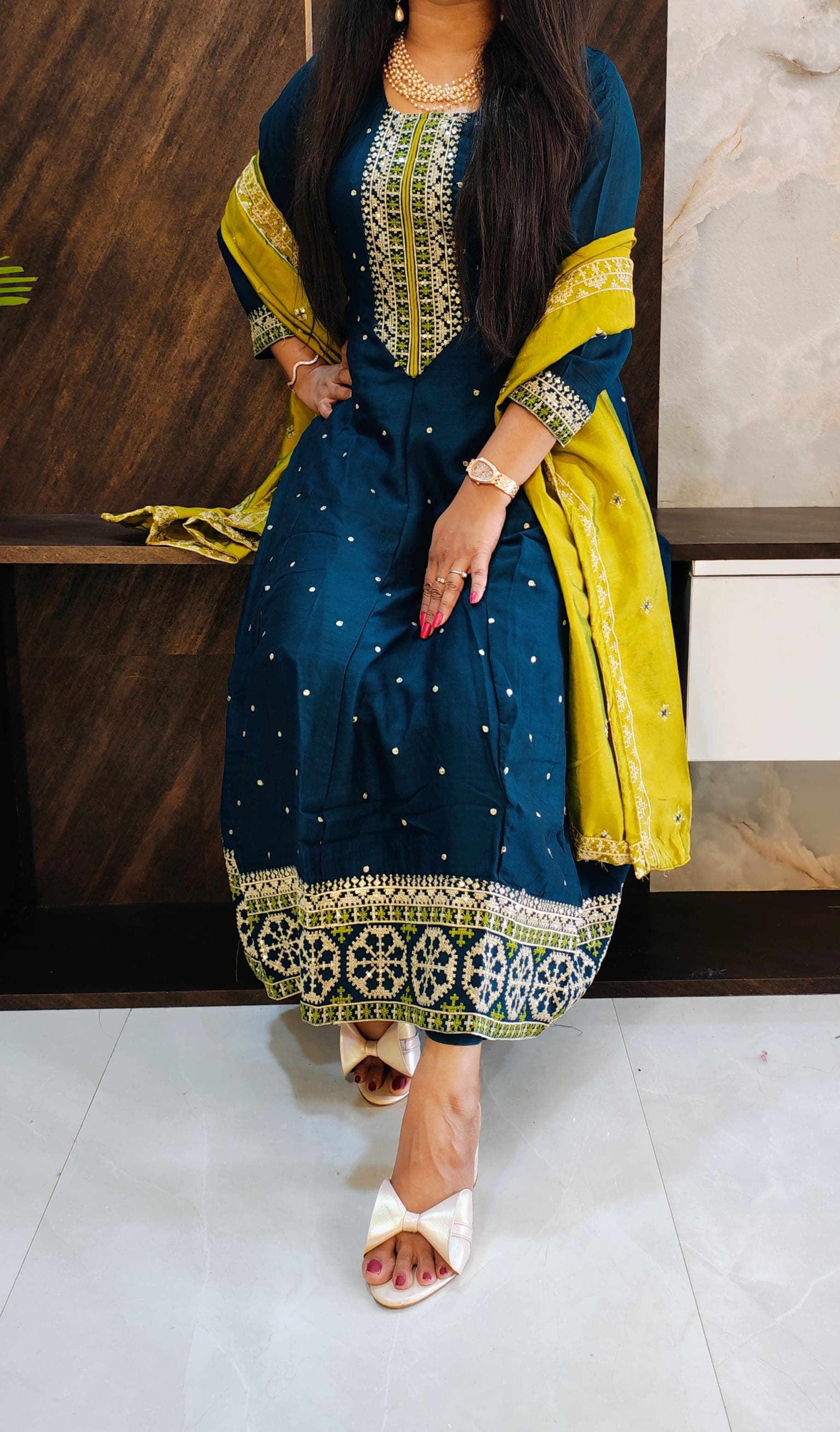 Blue Chinon Anarkali Suit