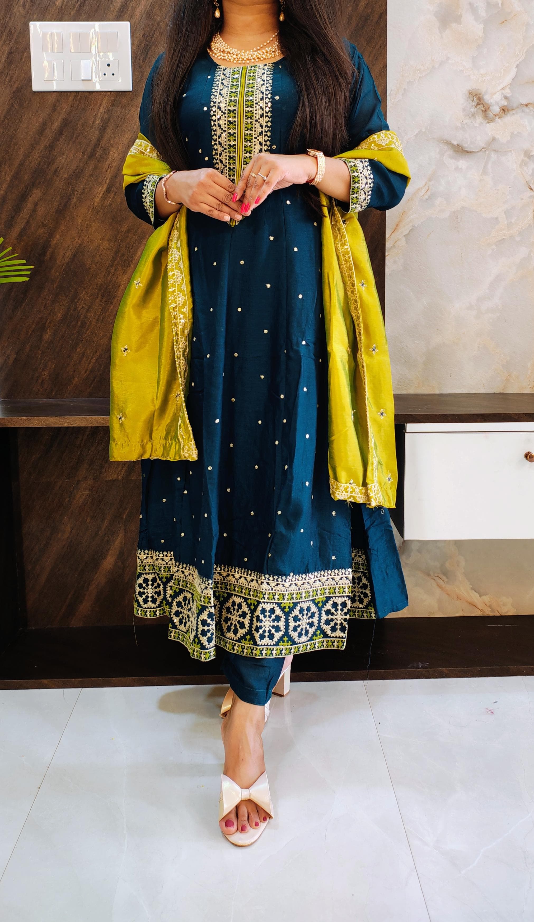 Blue Chinon Anarkali Suit