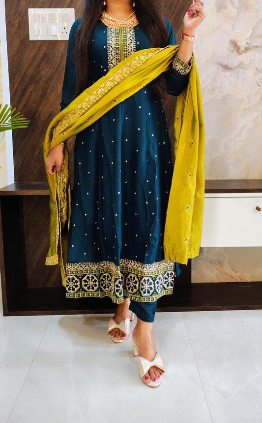 Blue Chinon Anarkali Suit