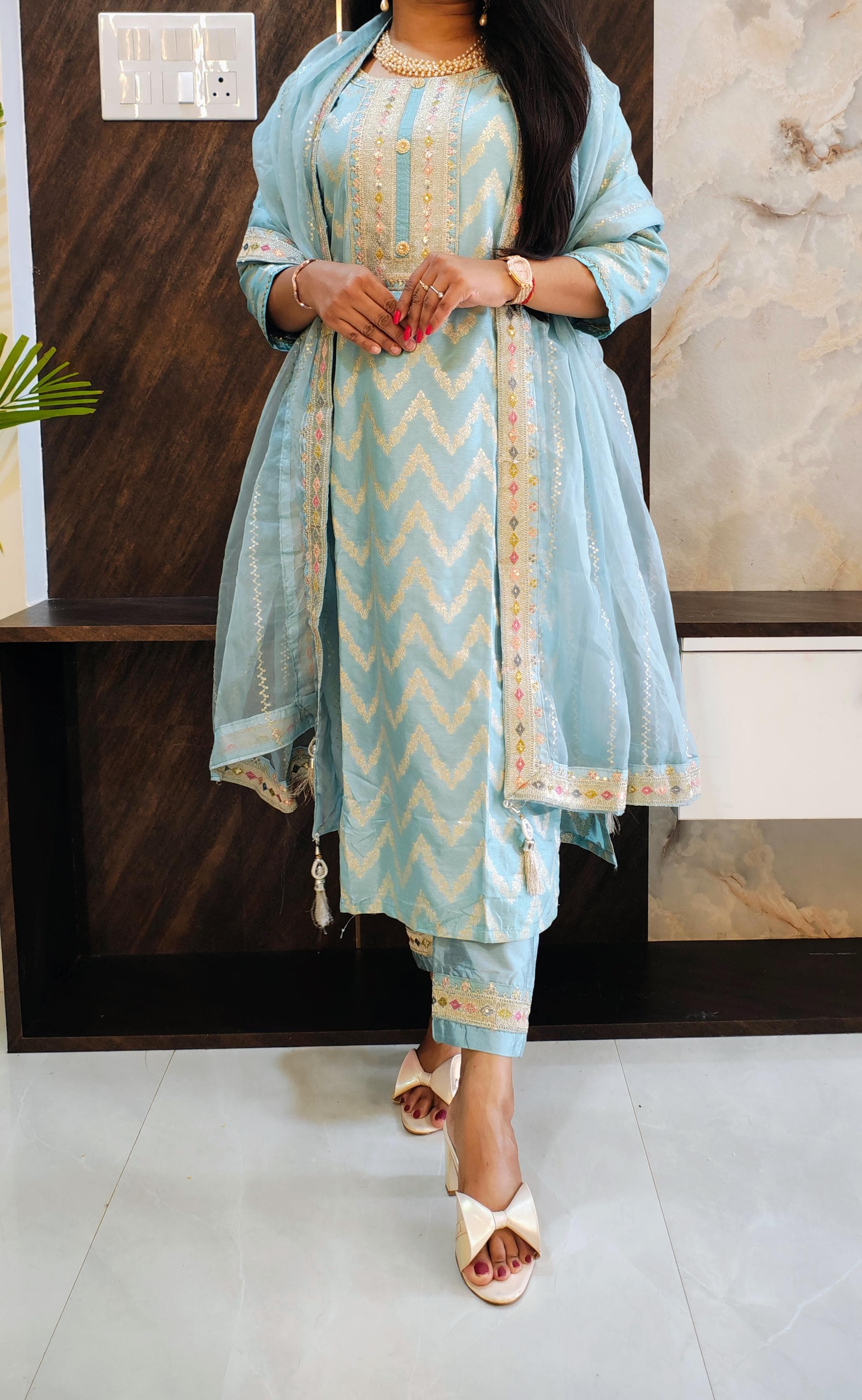 Sky Blue Brocade Banarasi Suit