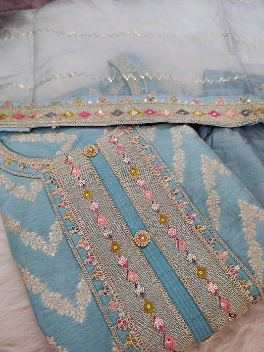 Sky Blue Brocade Banarasi Suit