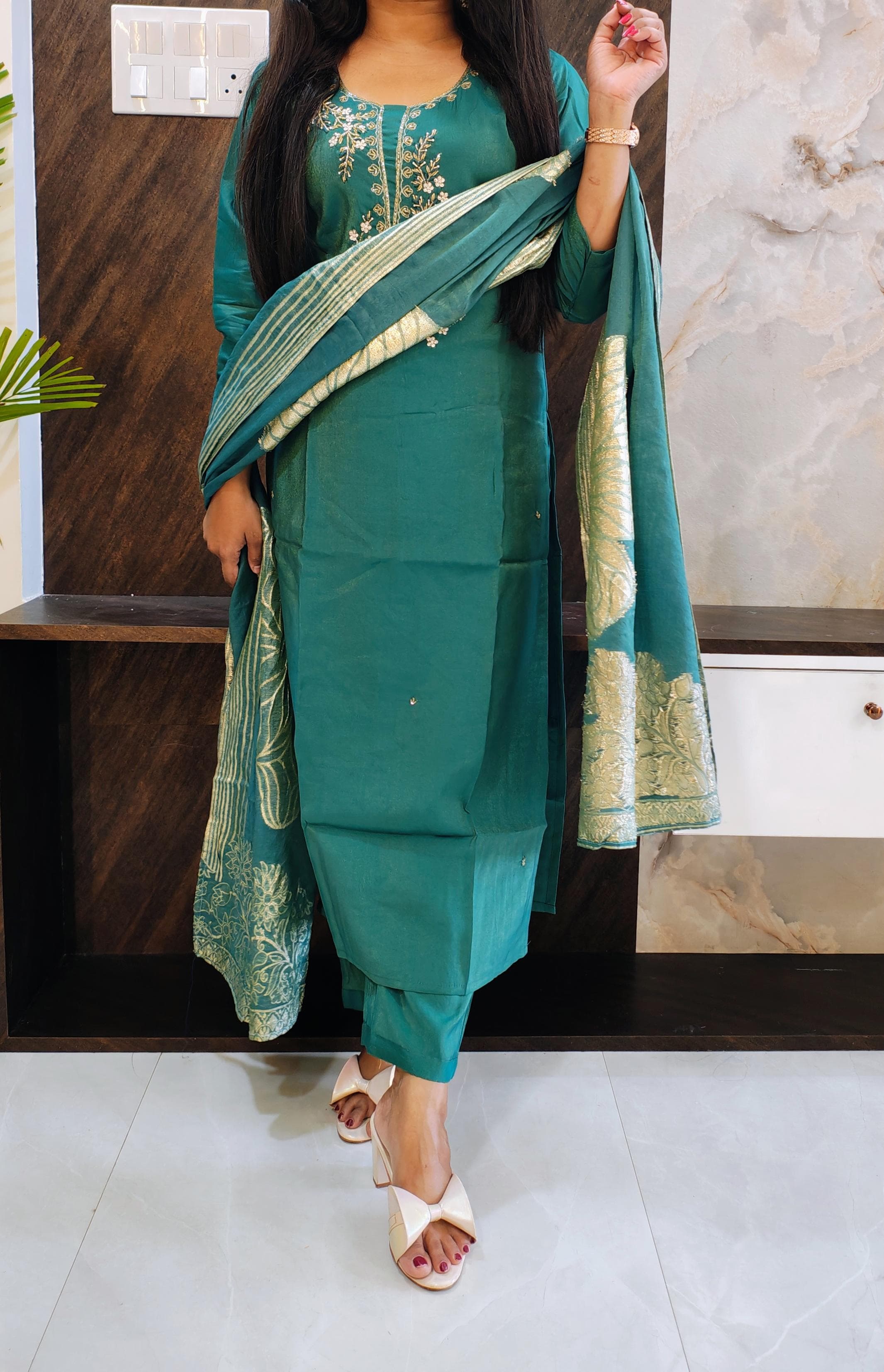 Green Roman Silk Shimmer Suit