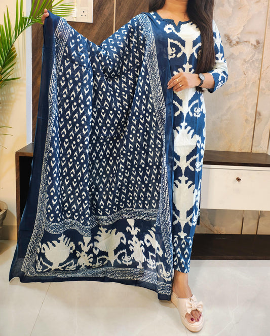 Blue Cotton Dupatta Set