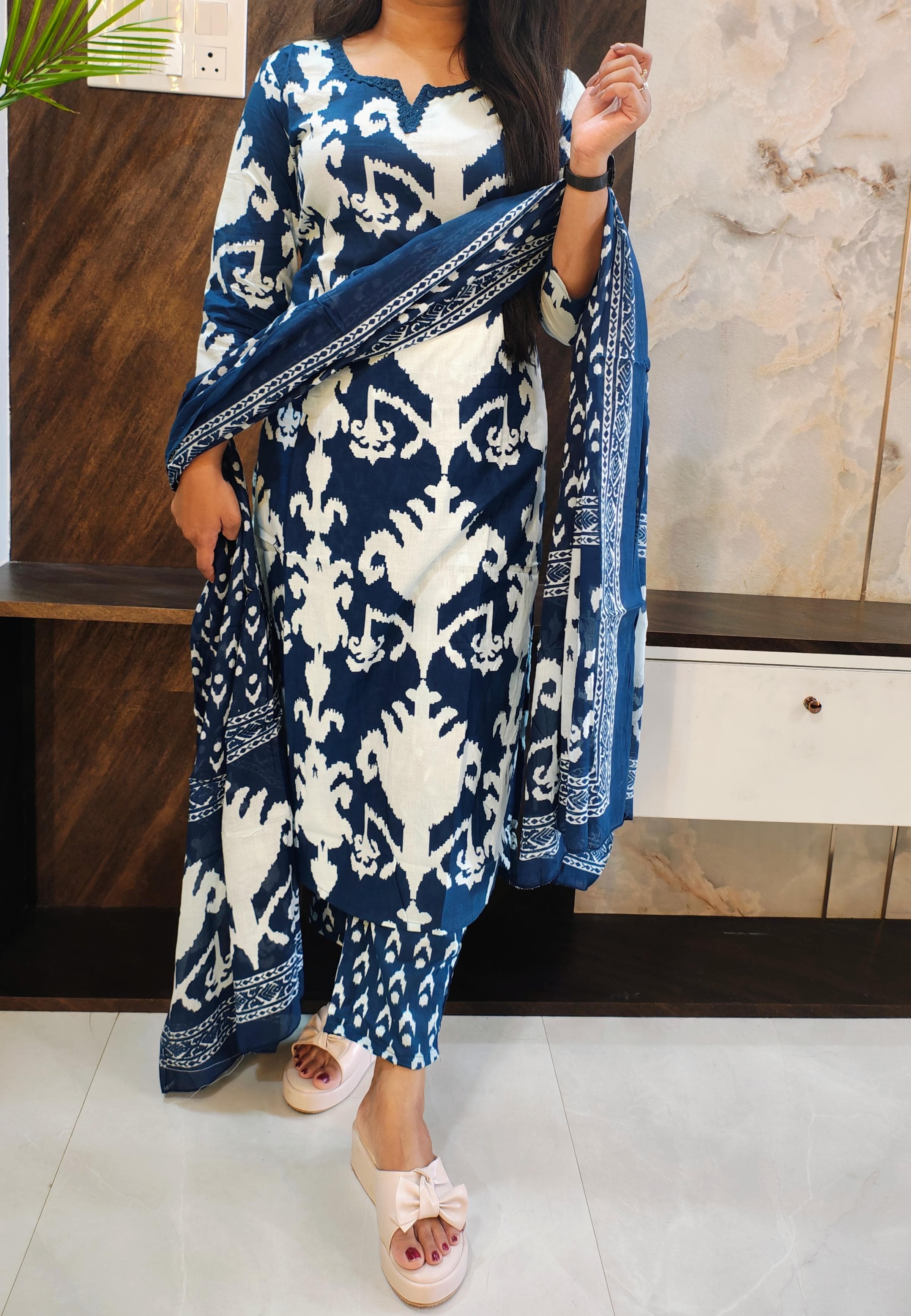 Blue Cotton Dupatta Set