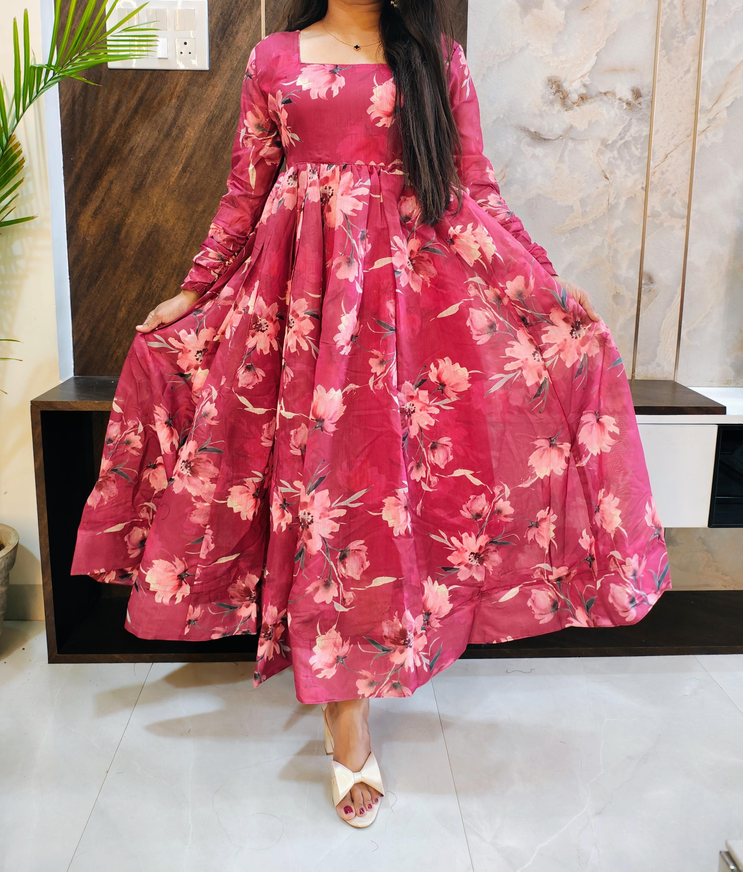 Pink Printed Chanderi Gown