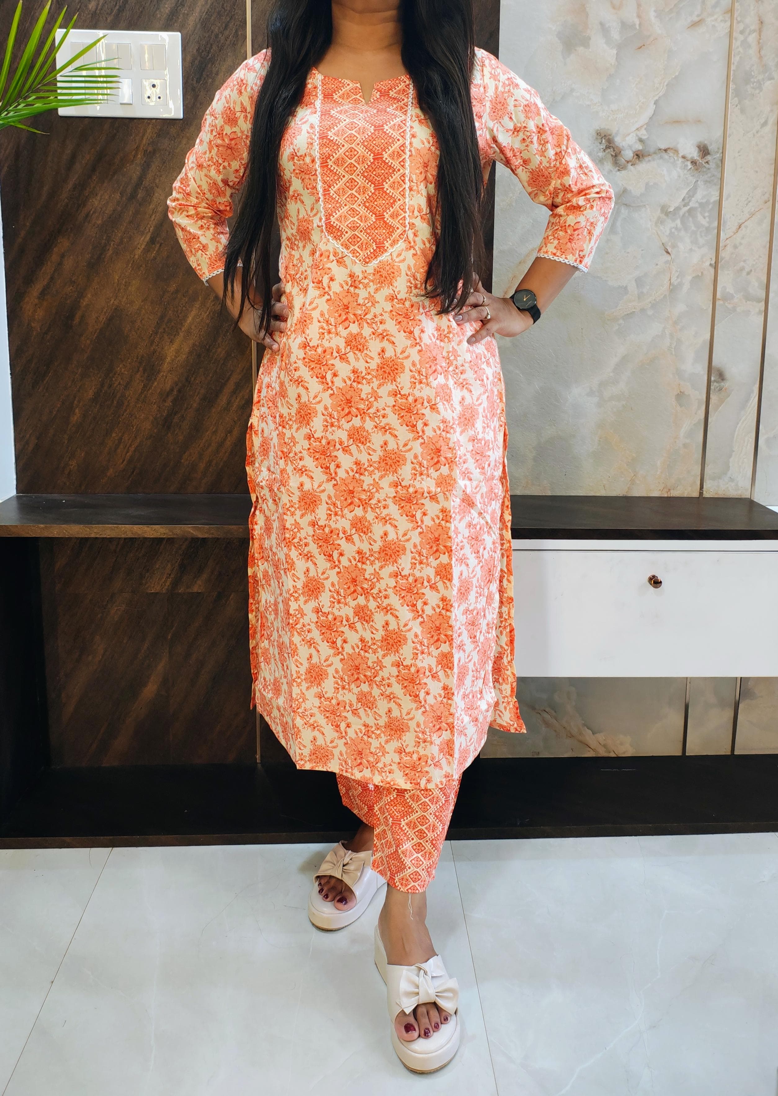 Orange Cotton Front Pleated Kurti Pant