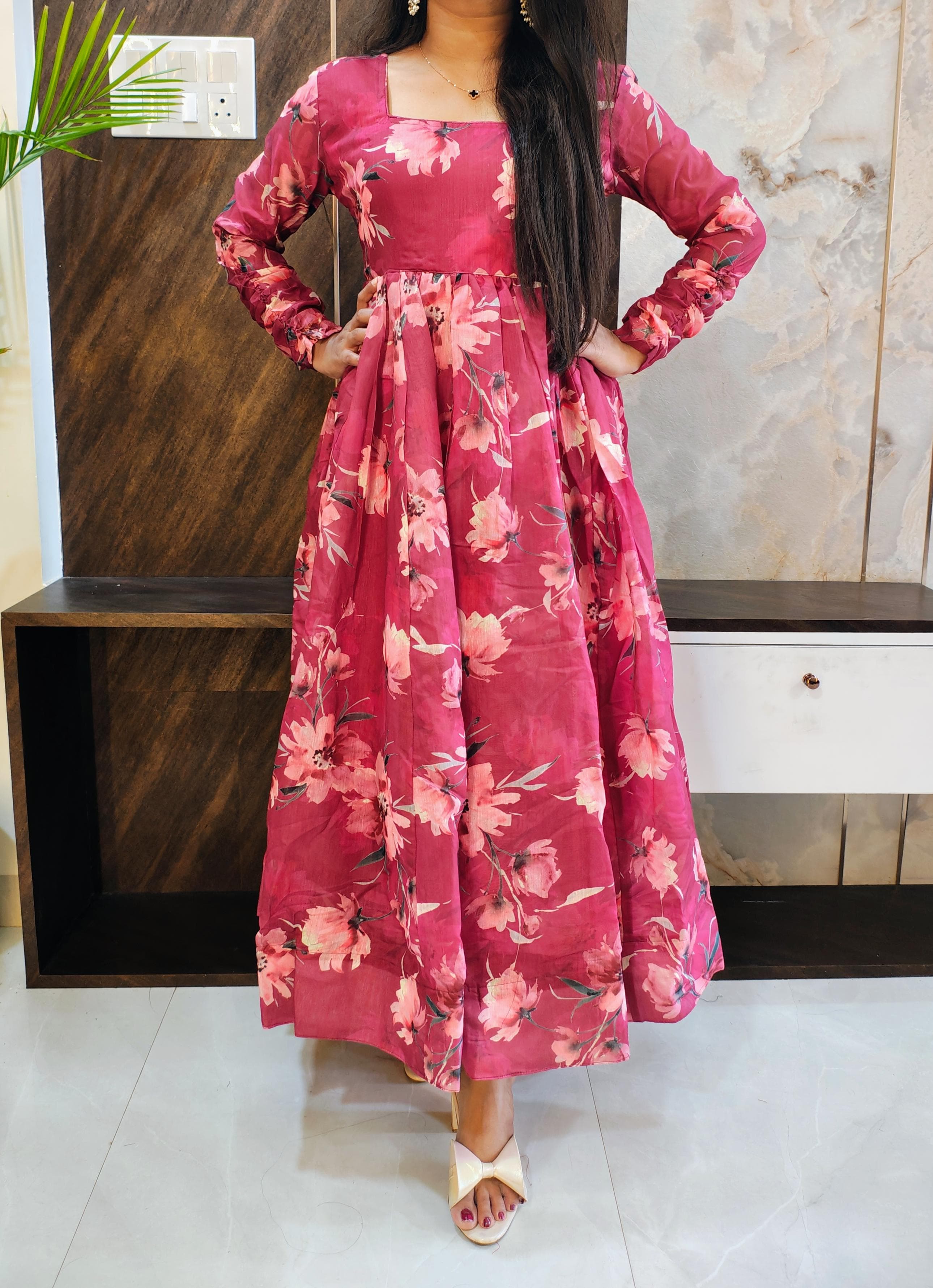 Pink Printed Chanderi Gown