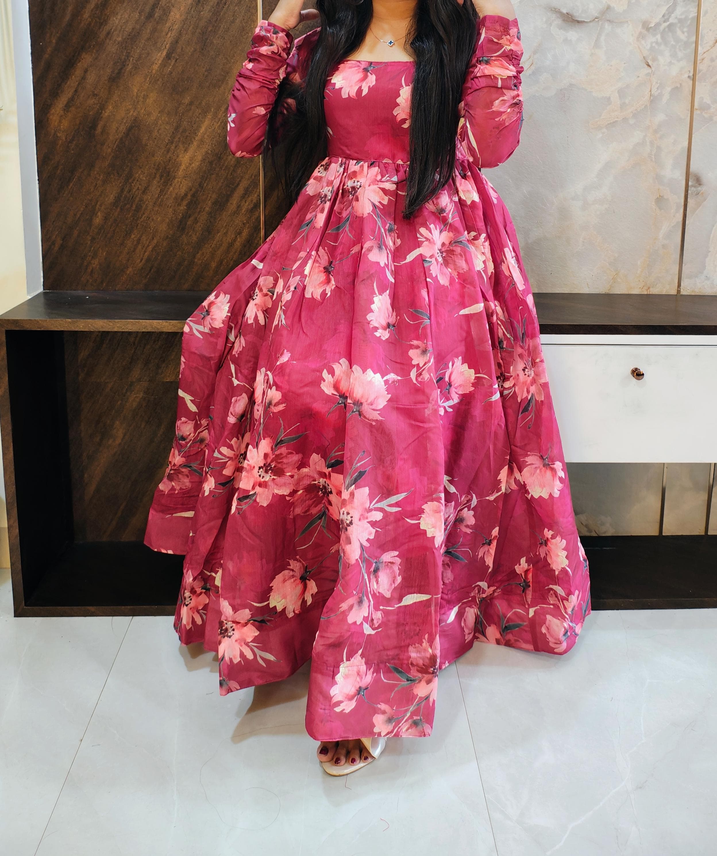 Pink Printed Chanderi Gown