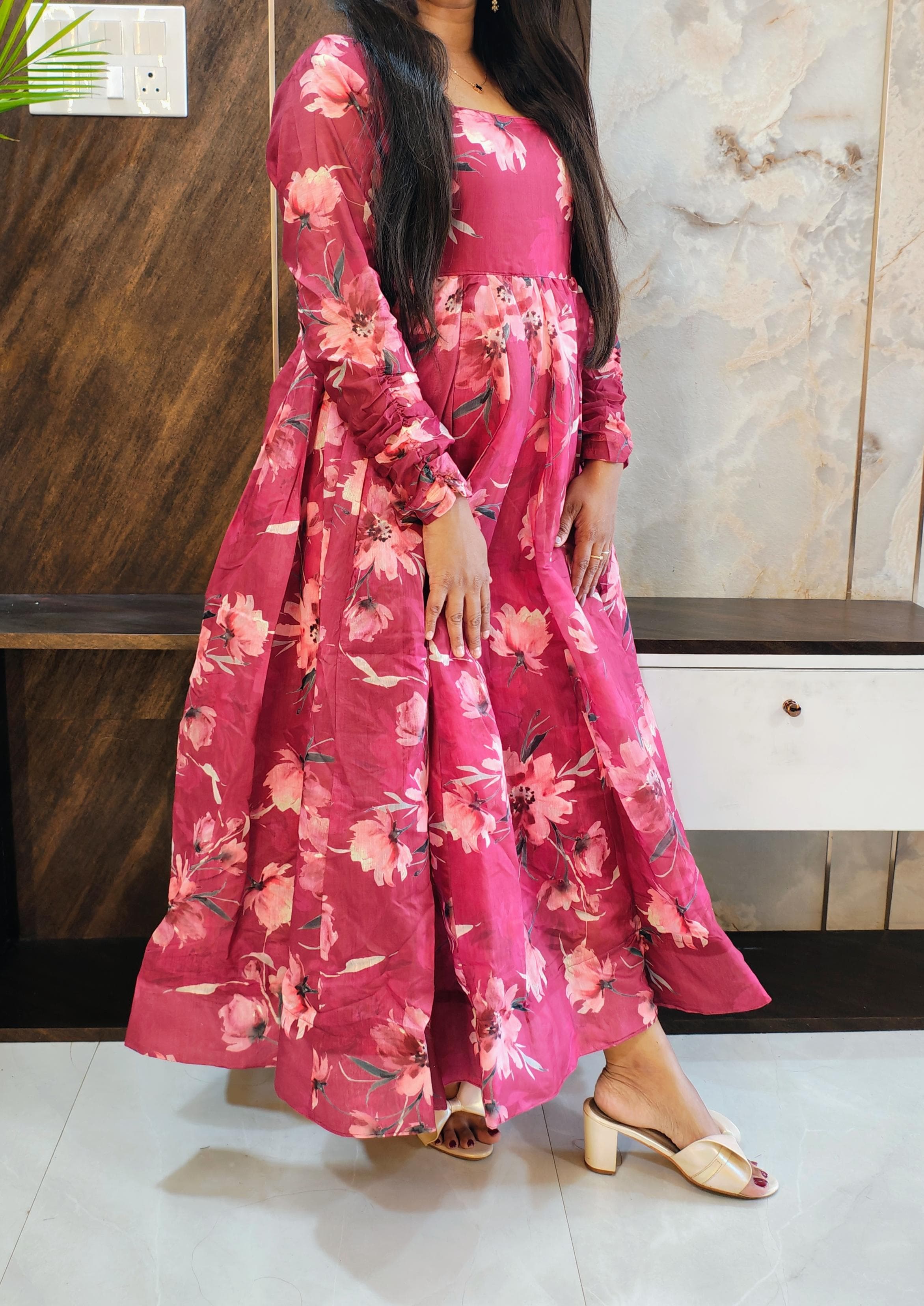 Pink Printed Chanderi Gown