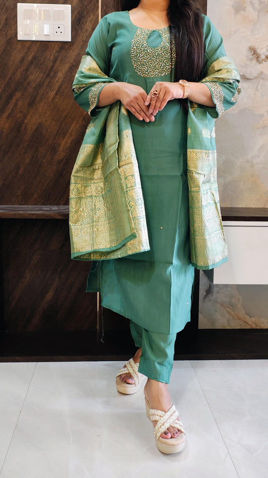 Green Roman Silk Suit