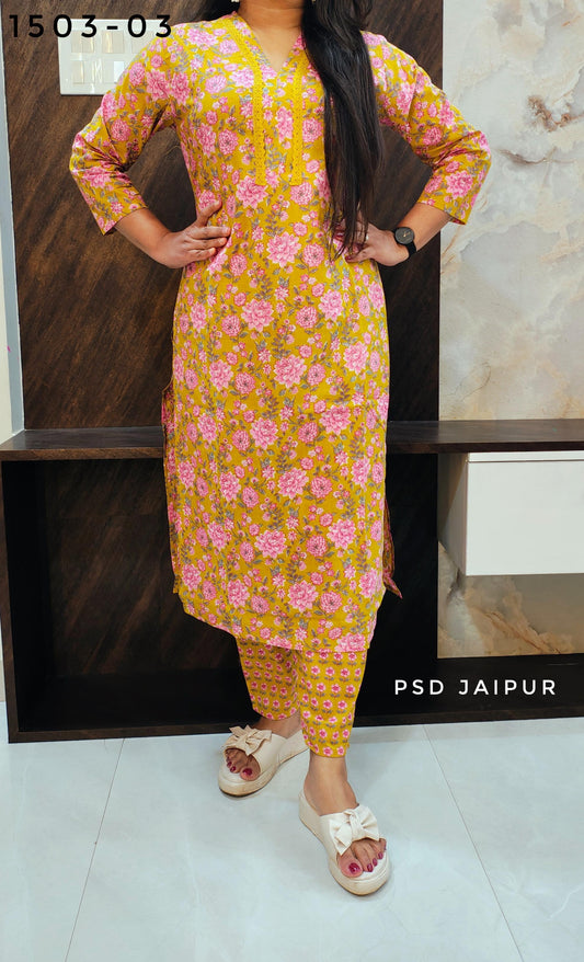 Mustard Cotton Kurti Pant Set